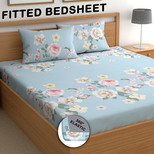 CHHAVI INDIA 210 TC Microfiber Double Fitted  Size Printed Bedsheet with pillow covers