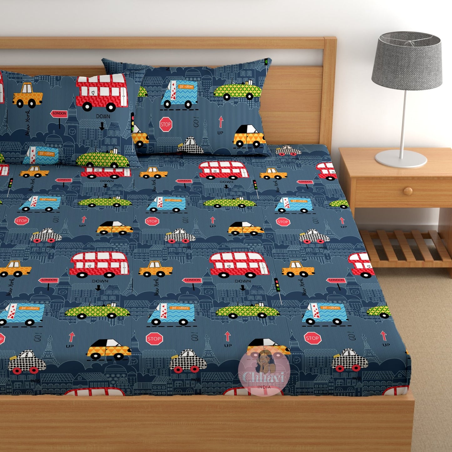 CHHAVI INDIA 210 TC Microfiber Double Fitted  Size Printed Bedsheet with pillow covers