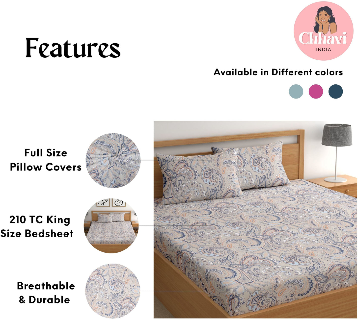 CHHAVI INDIA 210 TC Microfiber Printed Double Bedsheet With 2 Pillow Covers