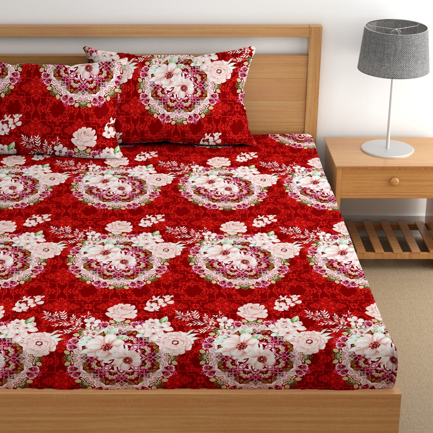 CHHAVI INDIA 210 TC Microfiber Double Fitted  Size Printed Bedsheet with pillow covers