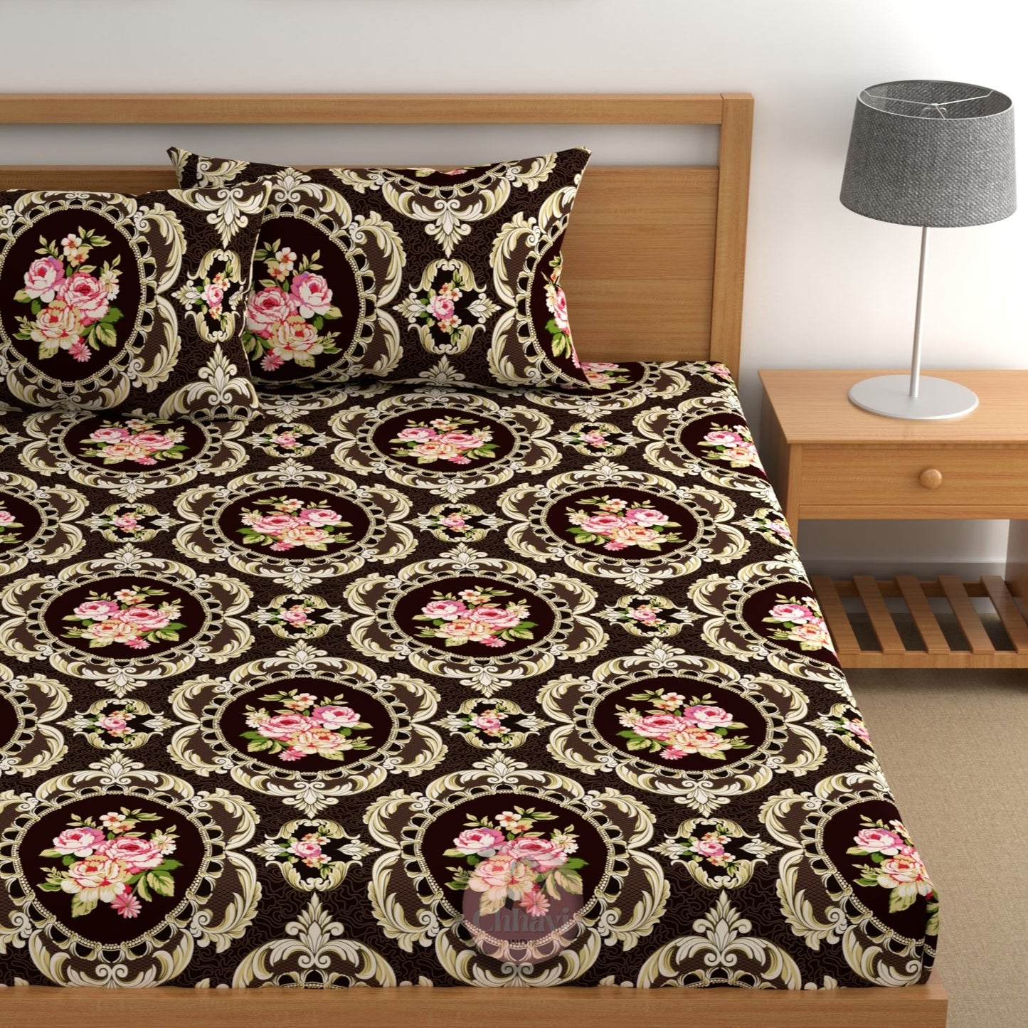 CHHAVI INDIA 210 TC Microfiber Double Fitted  Size Printed Bedsheet with pillow covers