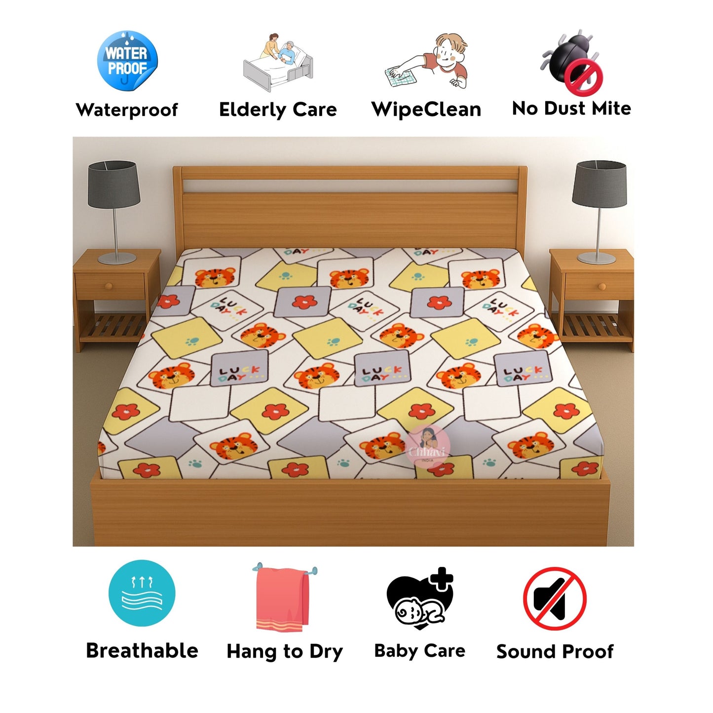 CHHAVI INDIA 210 TC Microfiber Waterproof Printed Fitted (Elastic) Bedsheet