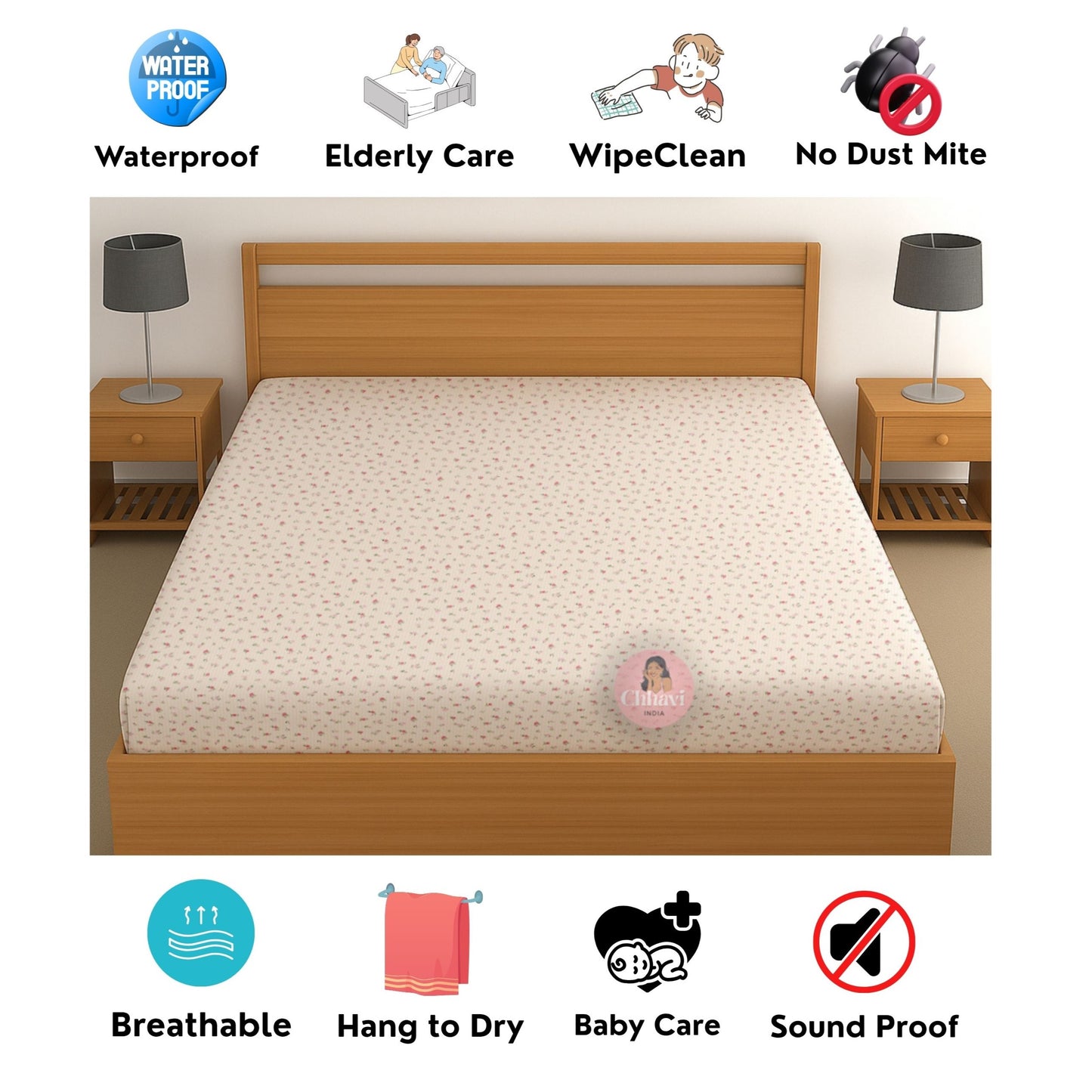 CHHAVI INDIA 210 TC Microfiber Waterproof Printed Fitted (Elastic) Bedsheet