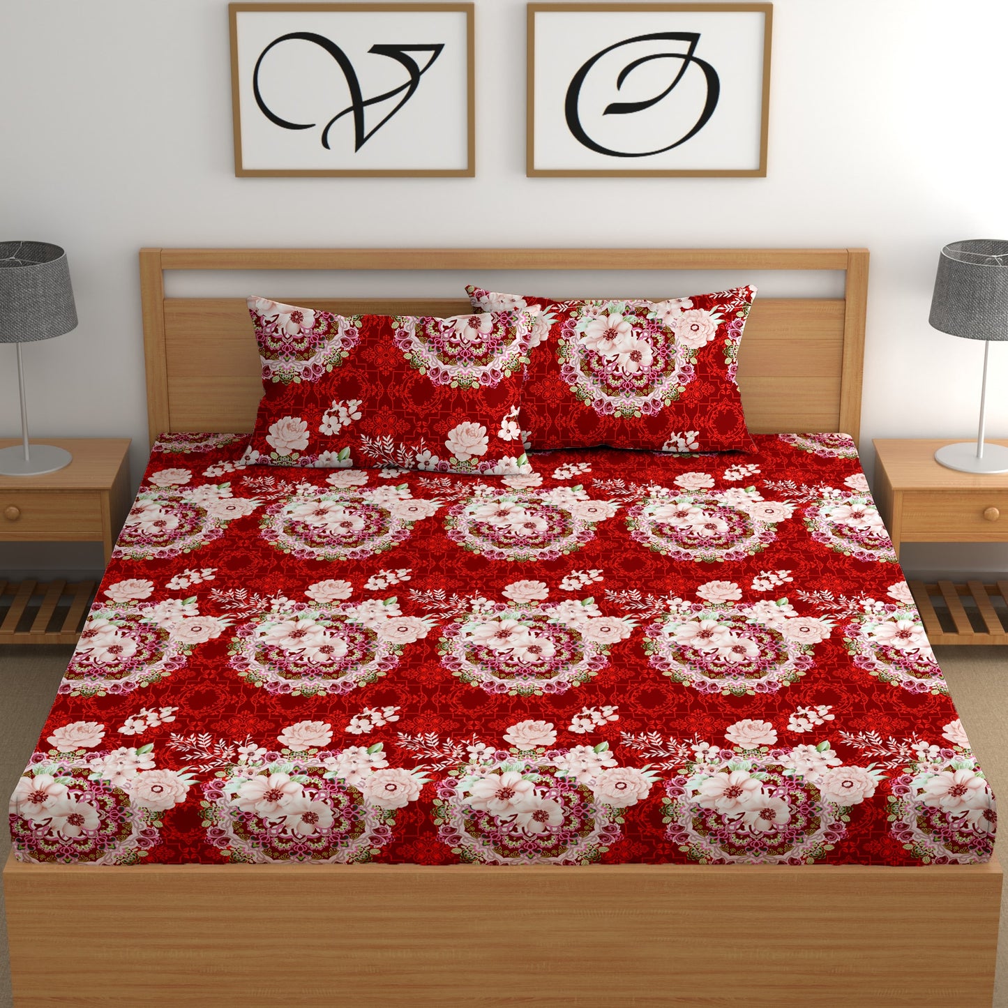 CHHAVI INDIA 210 TC Microfiber Double Fitted  Size Printed Bedsheet with pillow covers