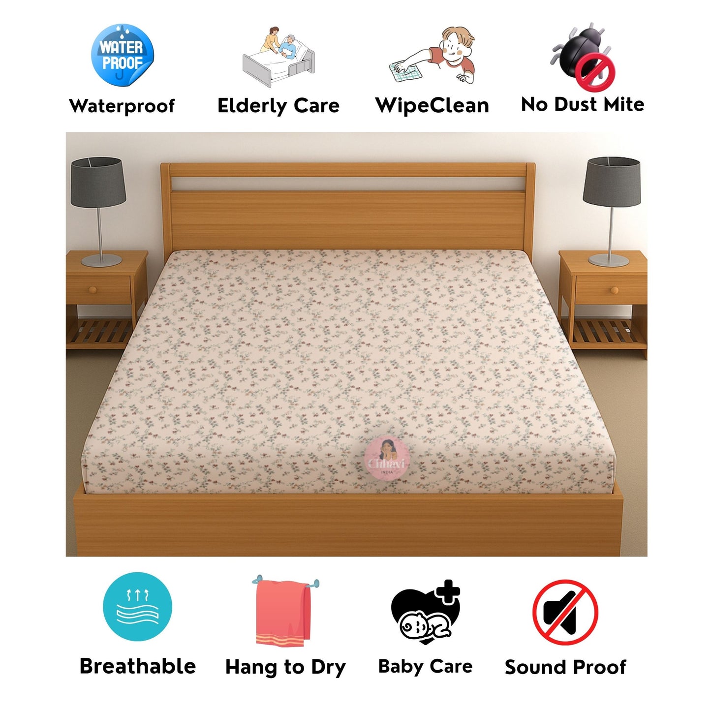 CHHAVI INDIA 210 TC Microfiber Waterproof Printed Fitted (Elastic) Bedsheet