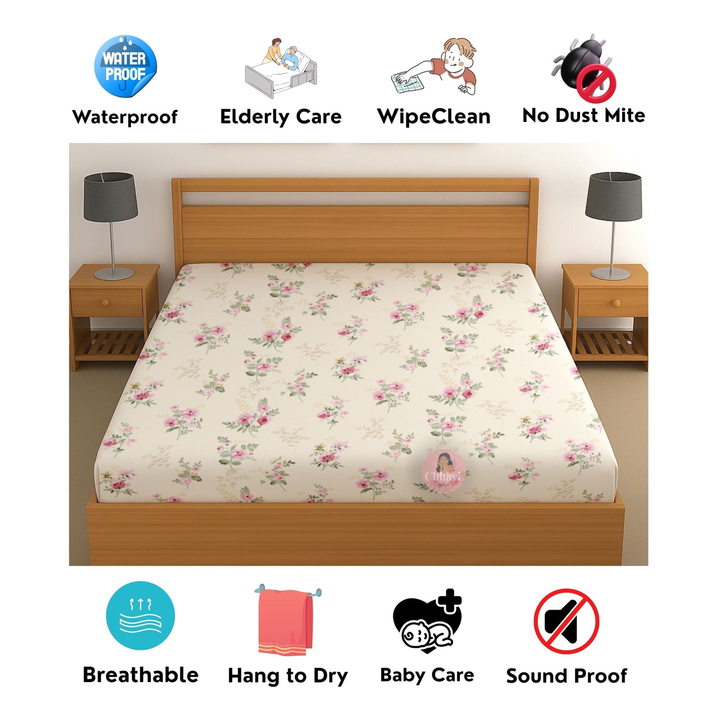 CHHAVI INDIA 210 TC Microfiber Waterproof Printed Fitted (Elastic) Bedsheet