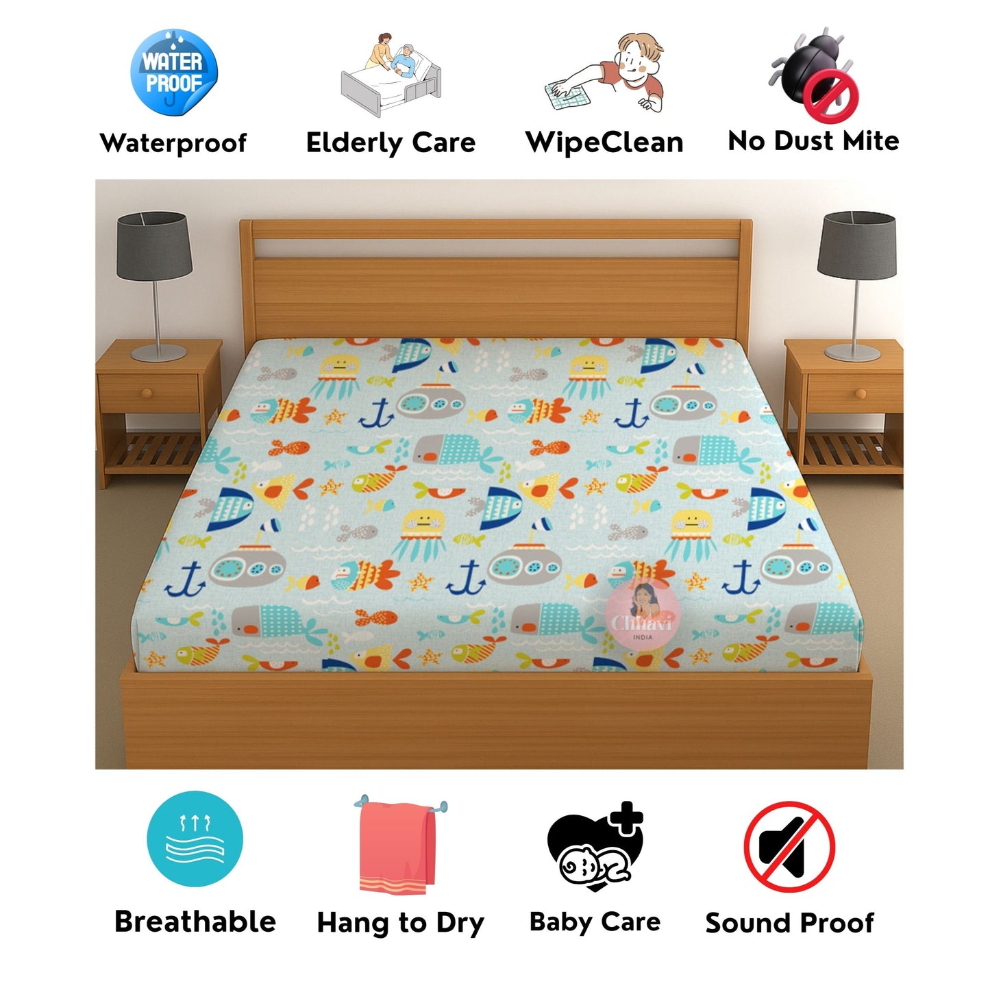 CHHAVI INDIA 210 TC Microfiber Waterproof Printed Fitted (Elastic) Bedsheet