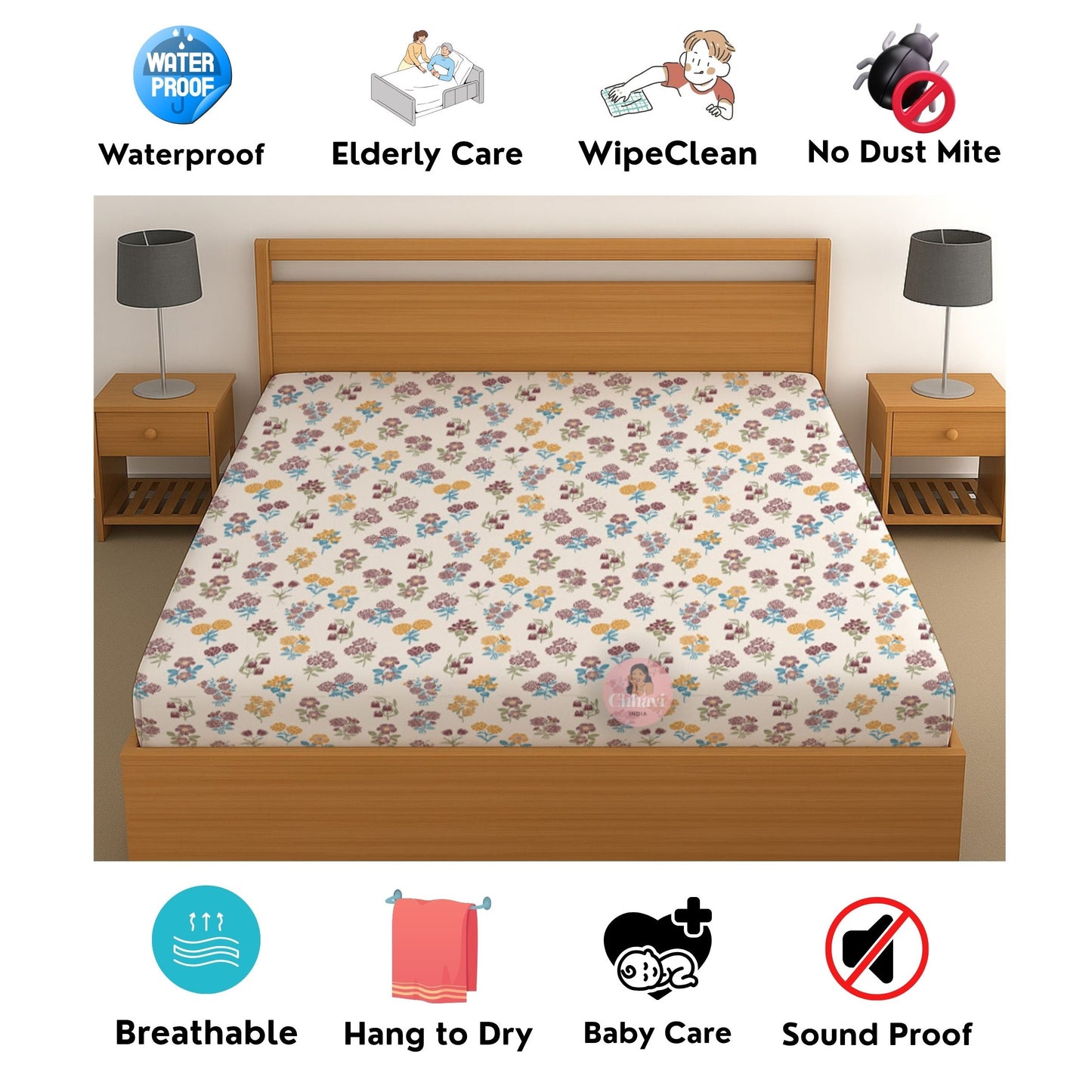 CHHAVI INDIA 210 TC Microfiber Waterproof Printed Fitted (Elastic) Bedsheet