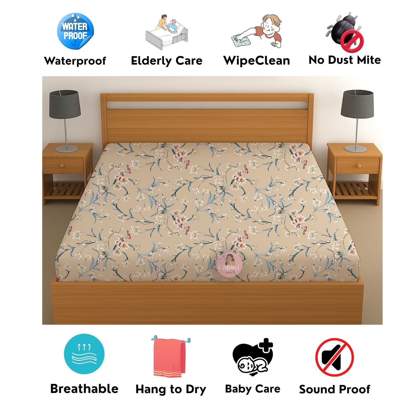 CHHAVI INDIA 210 TC Microfiber Waterproof Printed Fitted (Elastic) Bedsheet