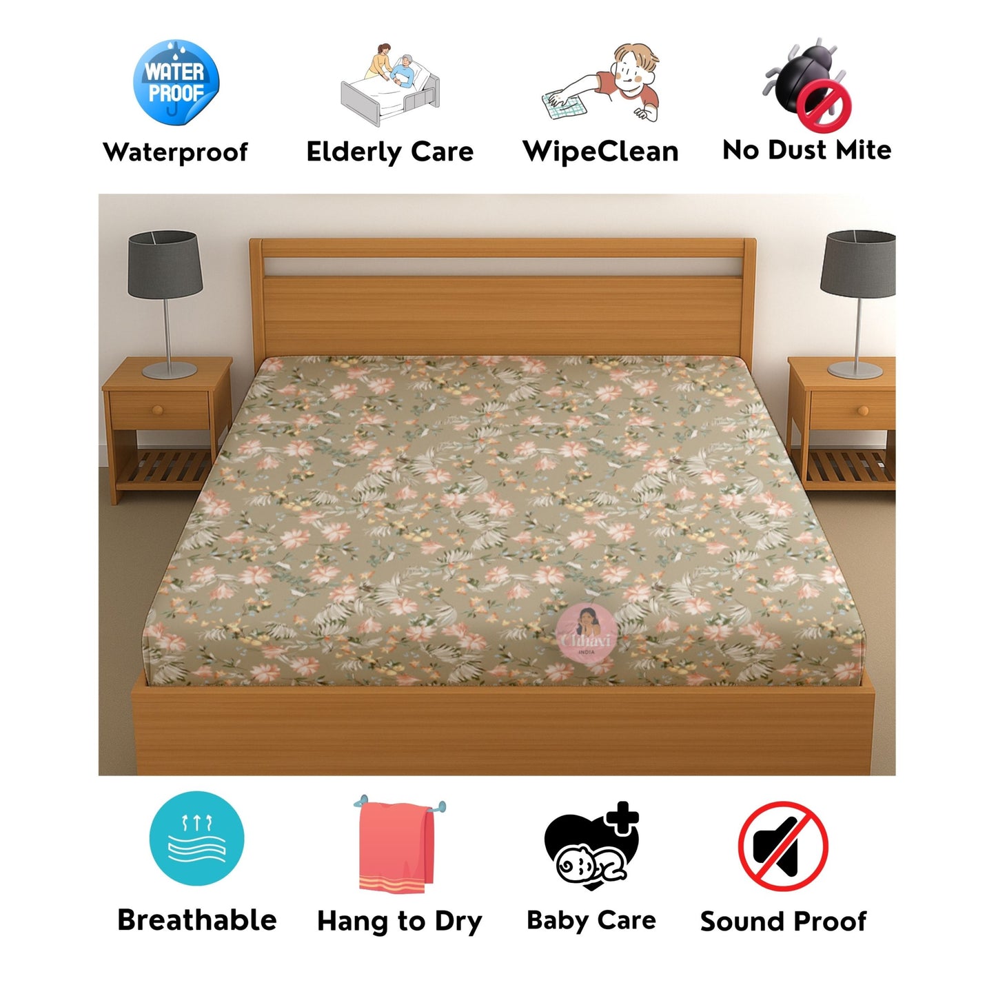 CHHAVI INDIA 210 TC Microfiber Waterproof Printed Fitted (Elastic) Bedsheet