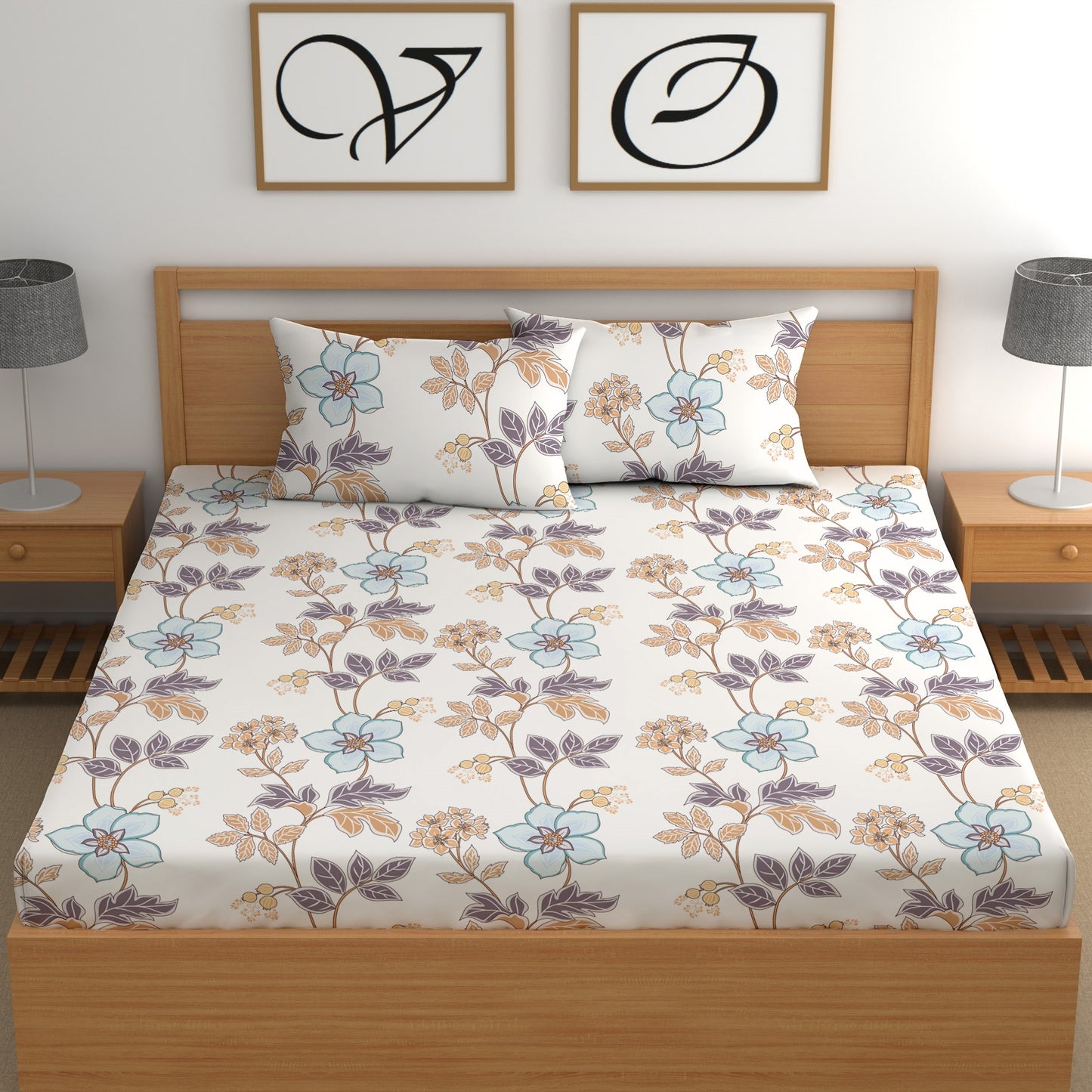 CHHAVI INDIA 210 TC Microfiber Double Fitted  Size Printed Bedsheet with pillow covers