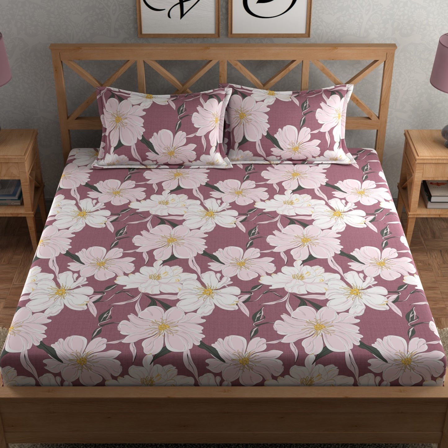 CHHAVI INDIA 210 TC Microfiber Double Fitted  Size Printed Bedsheet with pillow covers