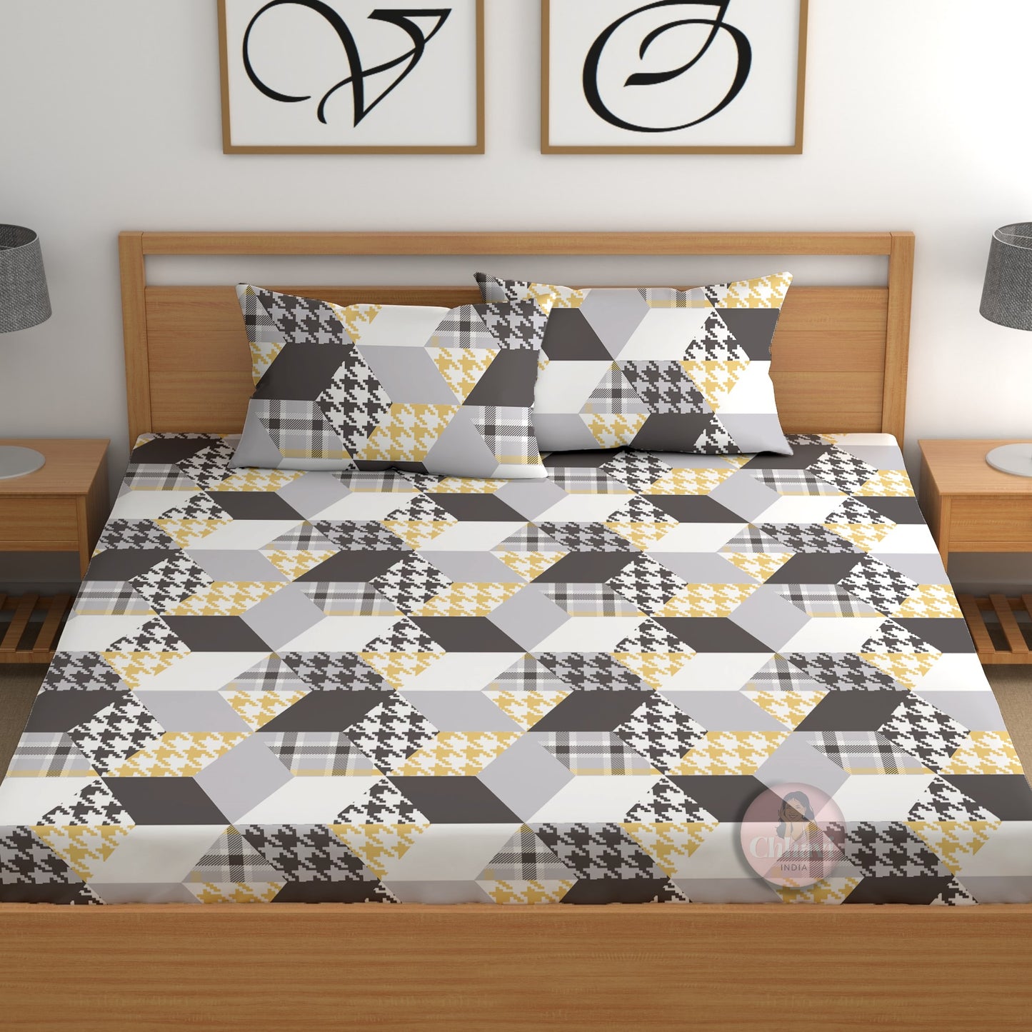 CHHAVI INDIA 210 TC Microfiber Double Fitted  Size Printed Bedsheet with pillow covers