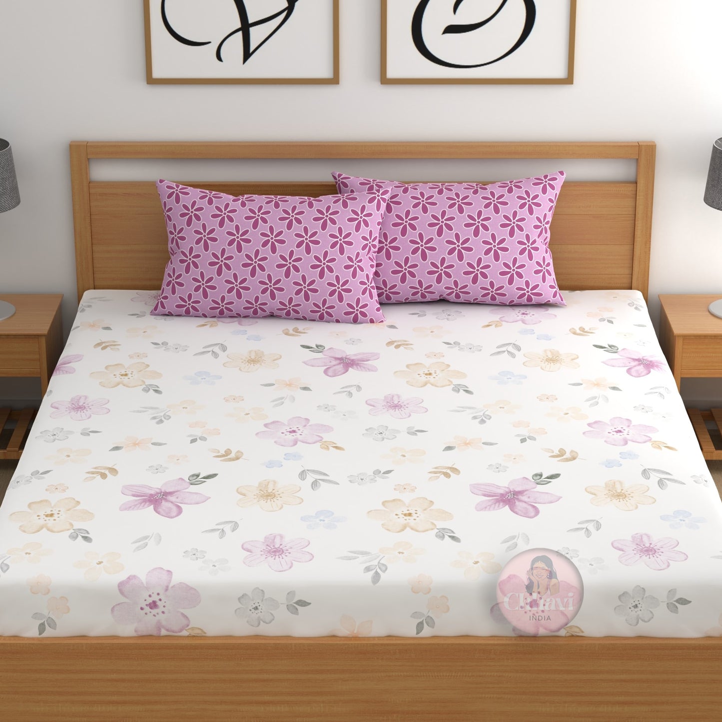 CHHAVI INDIA 210 TC Microfiber Double Fitted  Size Printed Bedsheet