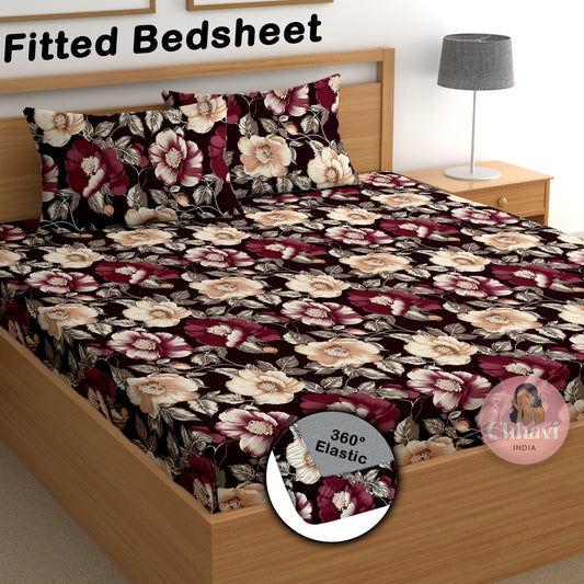 CHHAVI INDIA 210 TC Microfiber Double Fitted  Size Printed Bedsheet with 2 pillow covers