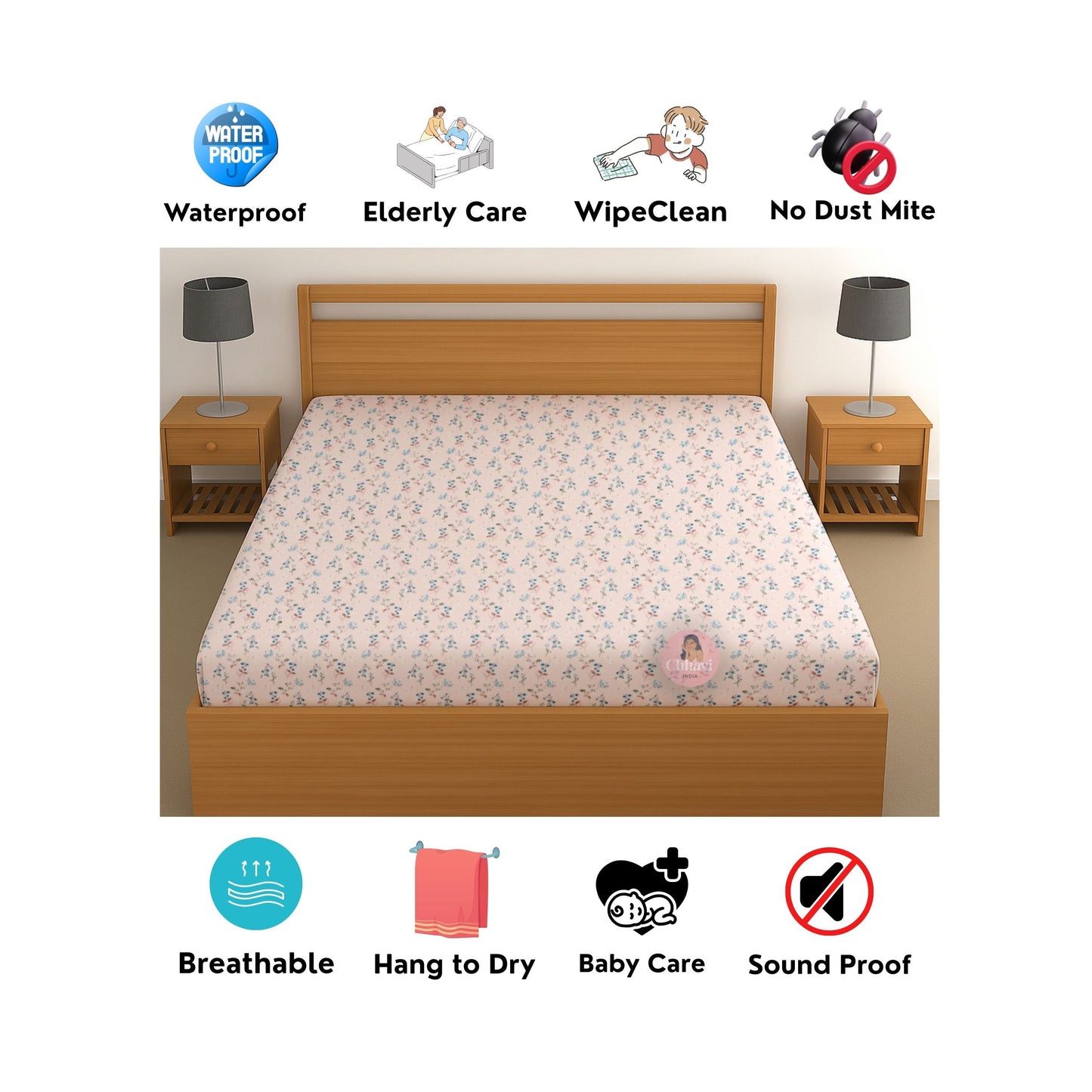 CHHAVI INDIA 210 TC Microfiber Waterproof Printed Fitted (Elastic) Bedsheet