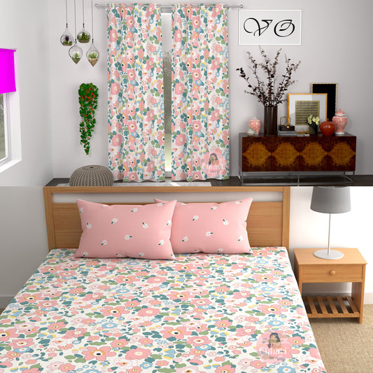 Chhavi India 2 Door Curtain, 1 Bedsheet & 2 Pillow Covers Combo