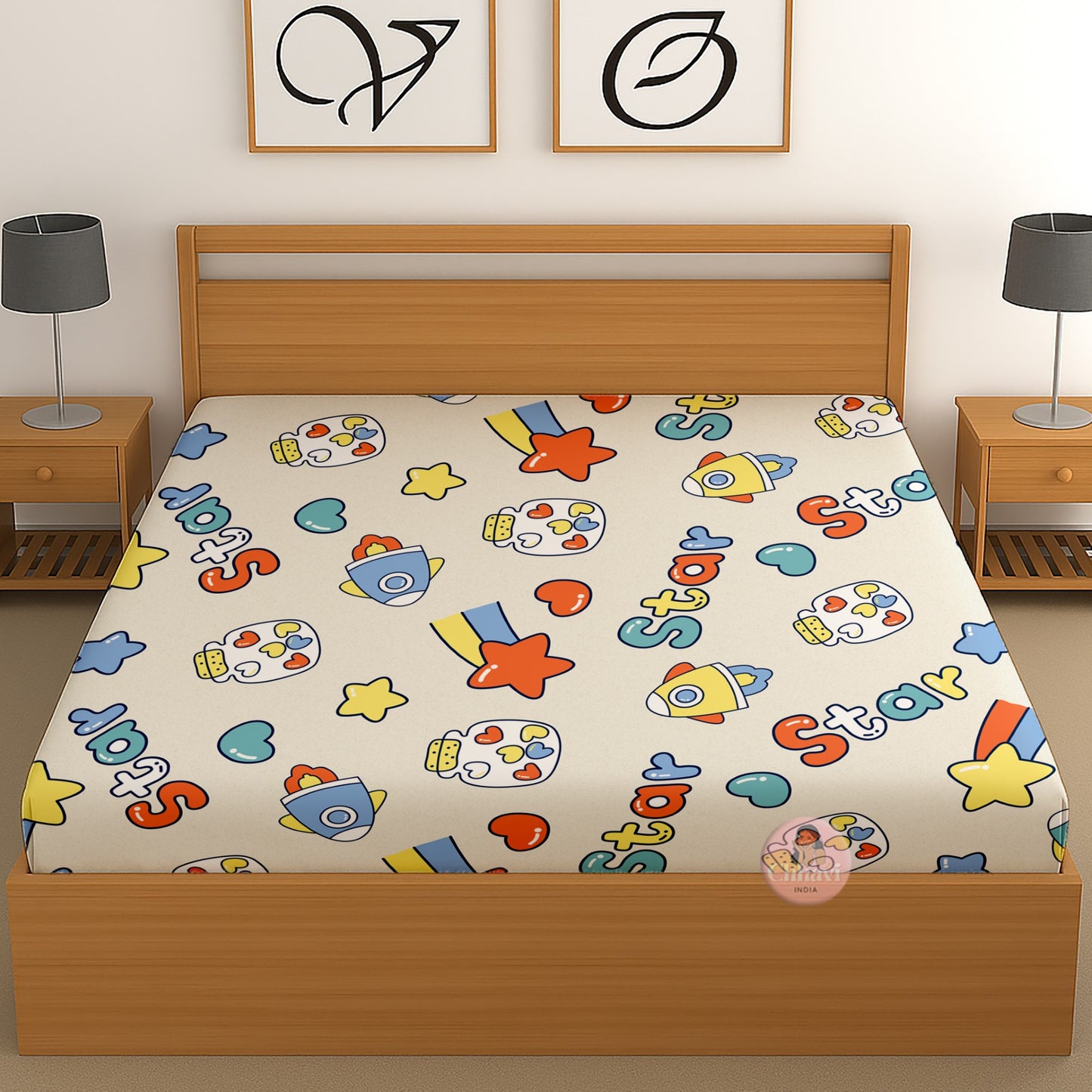 CHHAVI INDIA 210 TC Microfiber Waterproof Printed Fitted (Elastic) Bedsheet