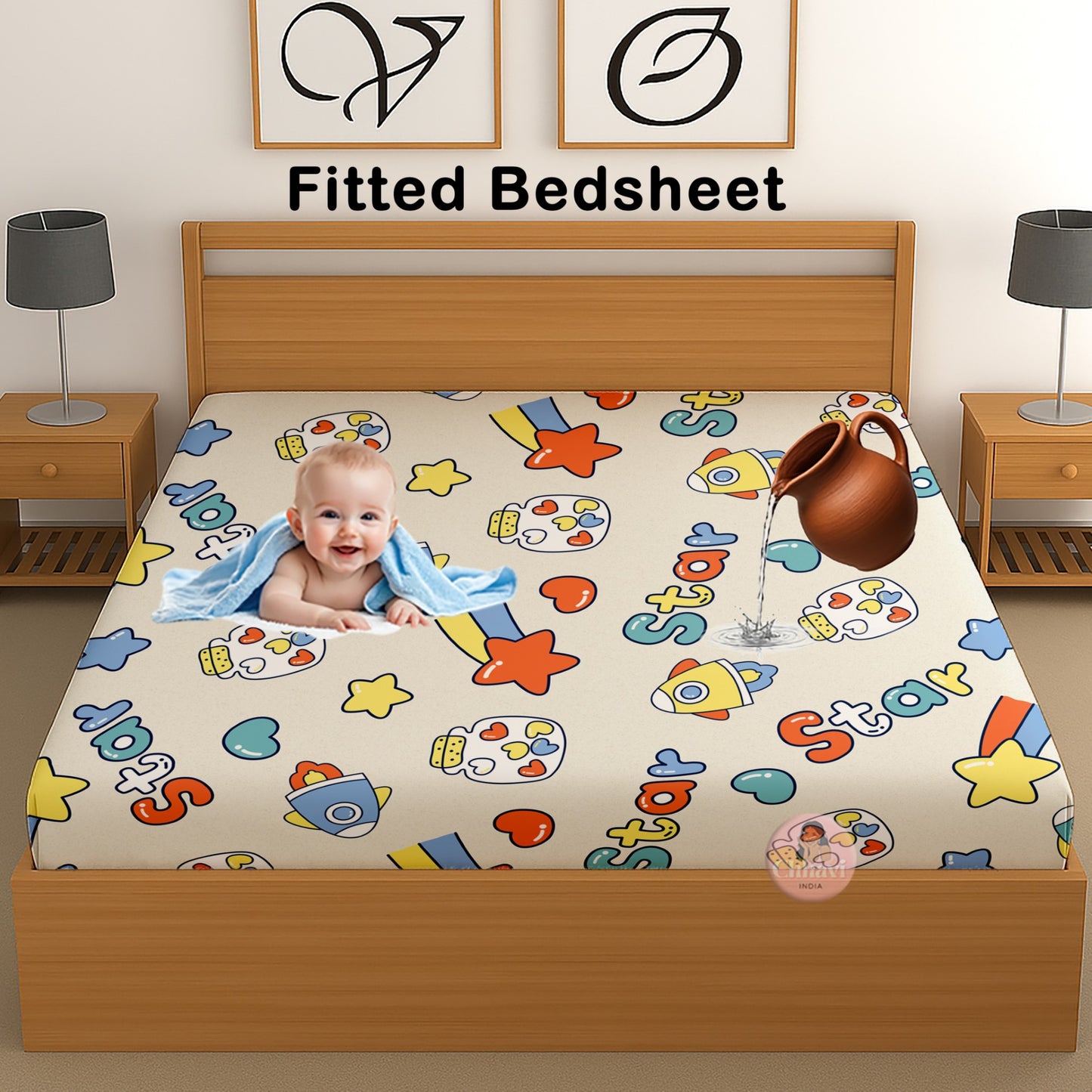 CHHAVI INDIA 210 TC Microfiber Waterproof Printed Fitted (Elastic) Bedsheet