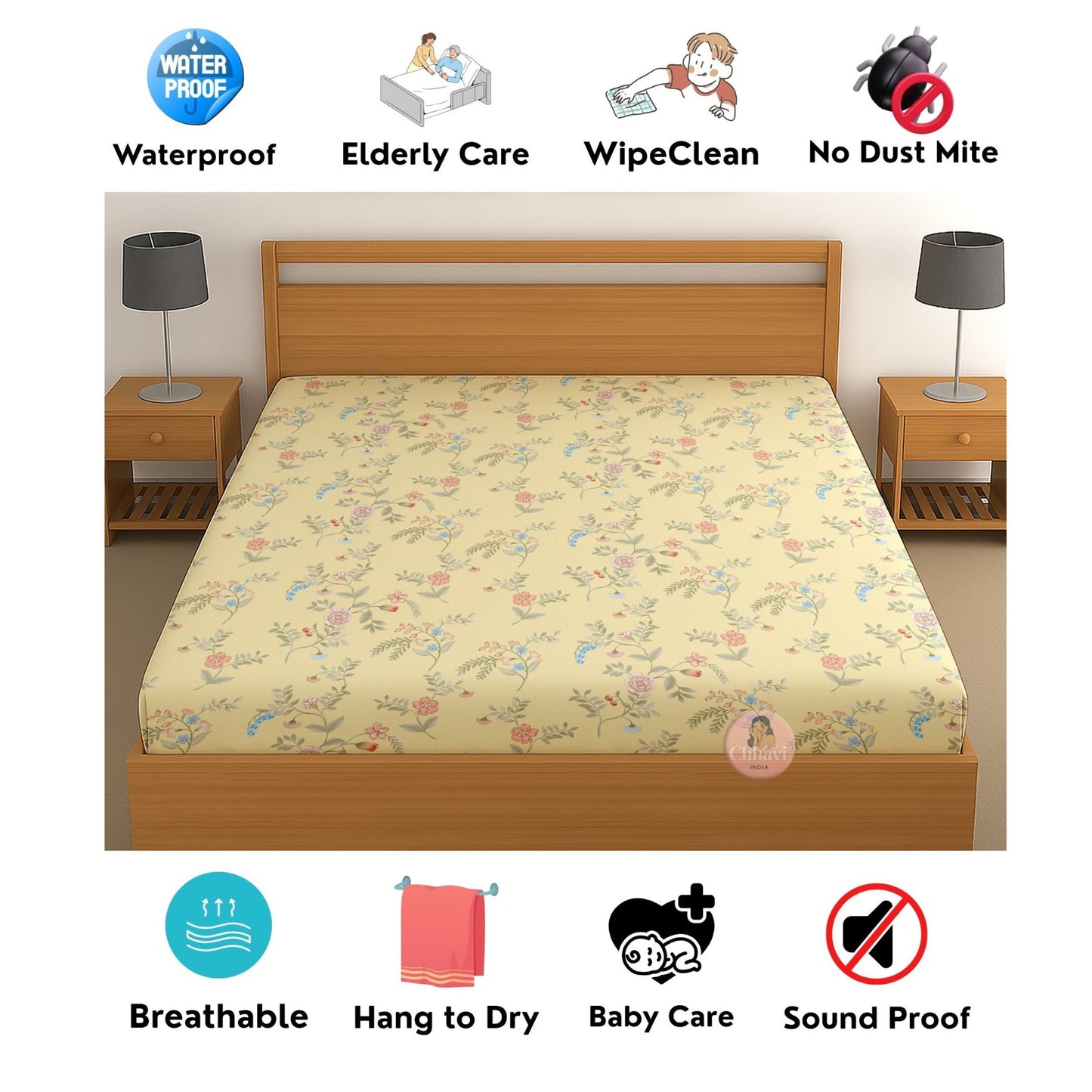 CHHAVI INDIA 210 TC Microfiber Waterproof Printed Fitted (Elastic) Bedsheet