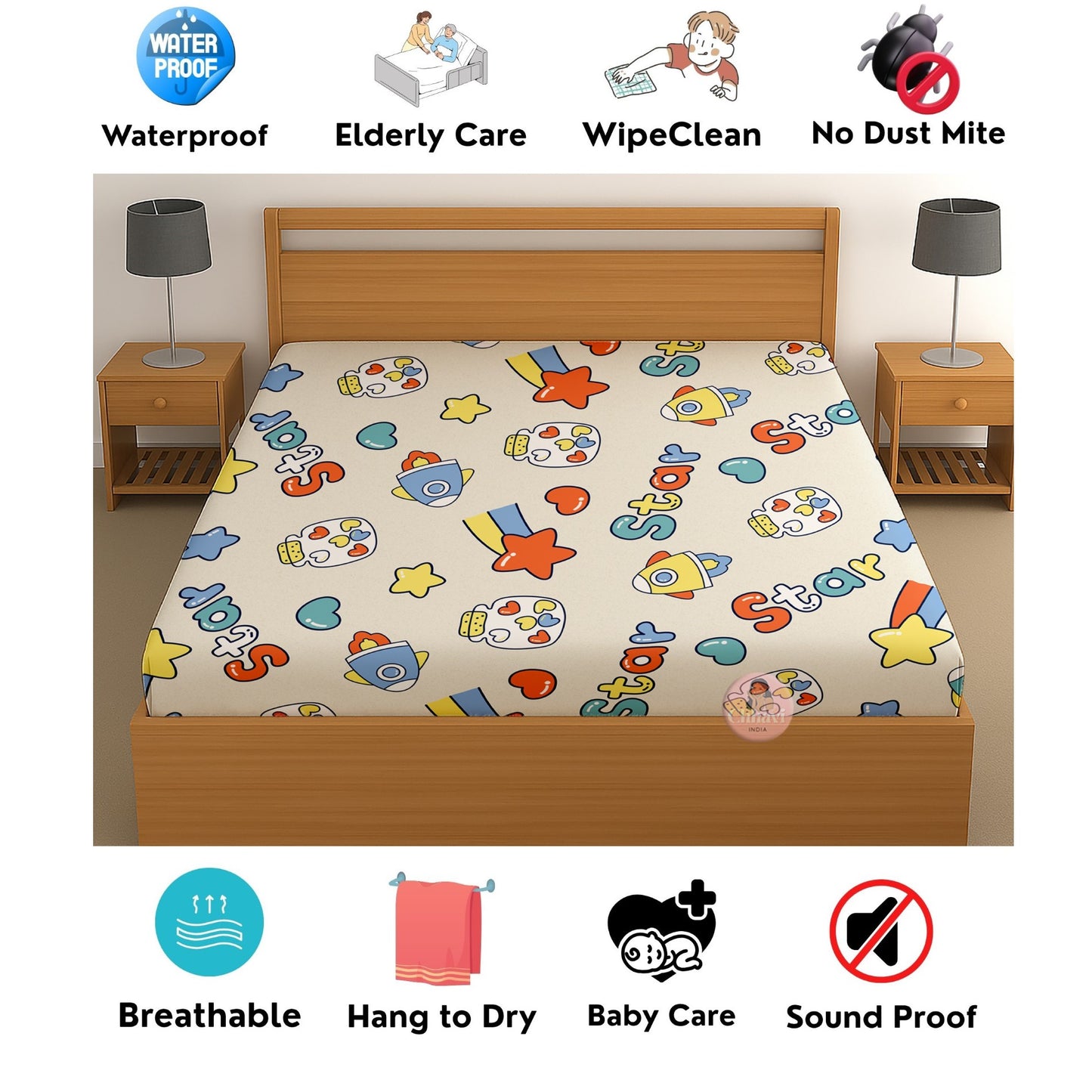 CHHAVI INDIA 210 TC Microfiber Waterproof Printed Fitted (Elastic) Bedsheet