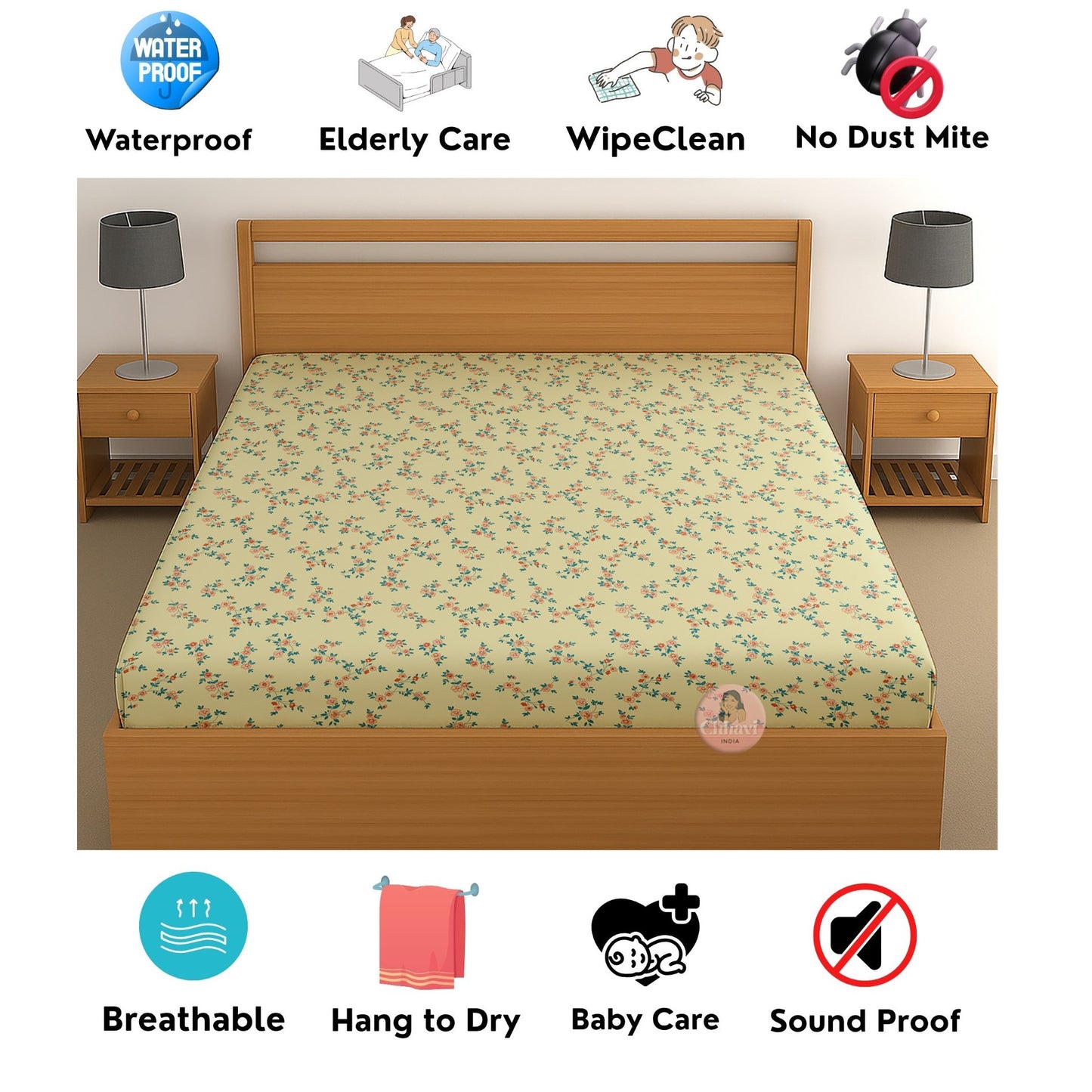 CHHAVI INDIA 210 TC Microfiber Waterproof Printed Fitted (Elastic) Bedsheet