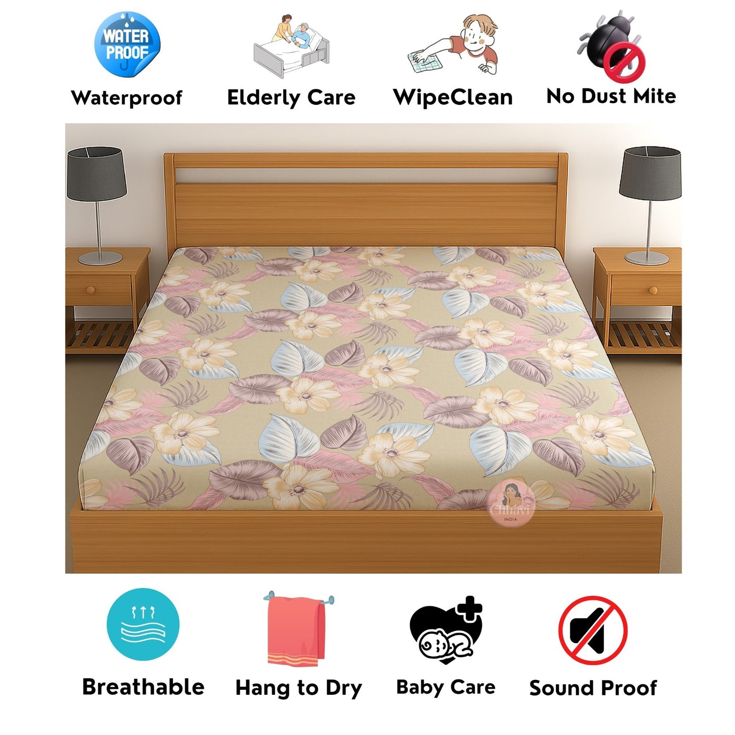 CHHAVI INDIA 210 TC Microfiber Waterproof Printed Fitted (Elastic) Bedsheet