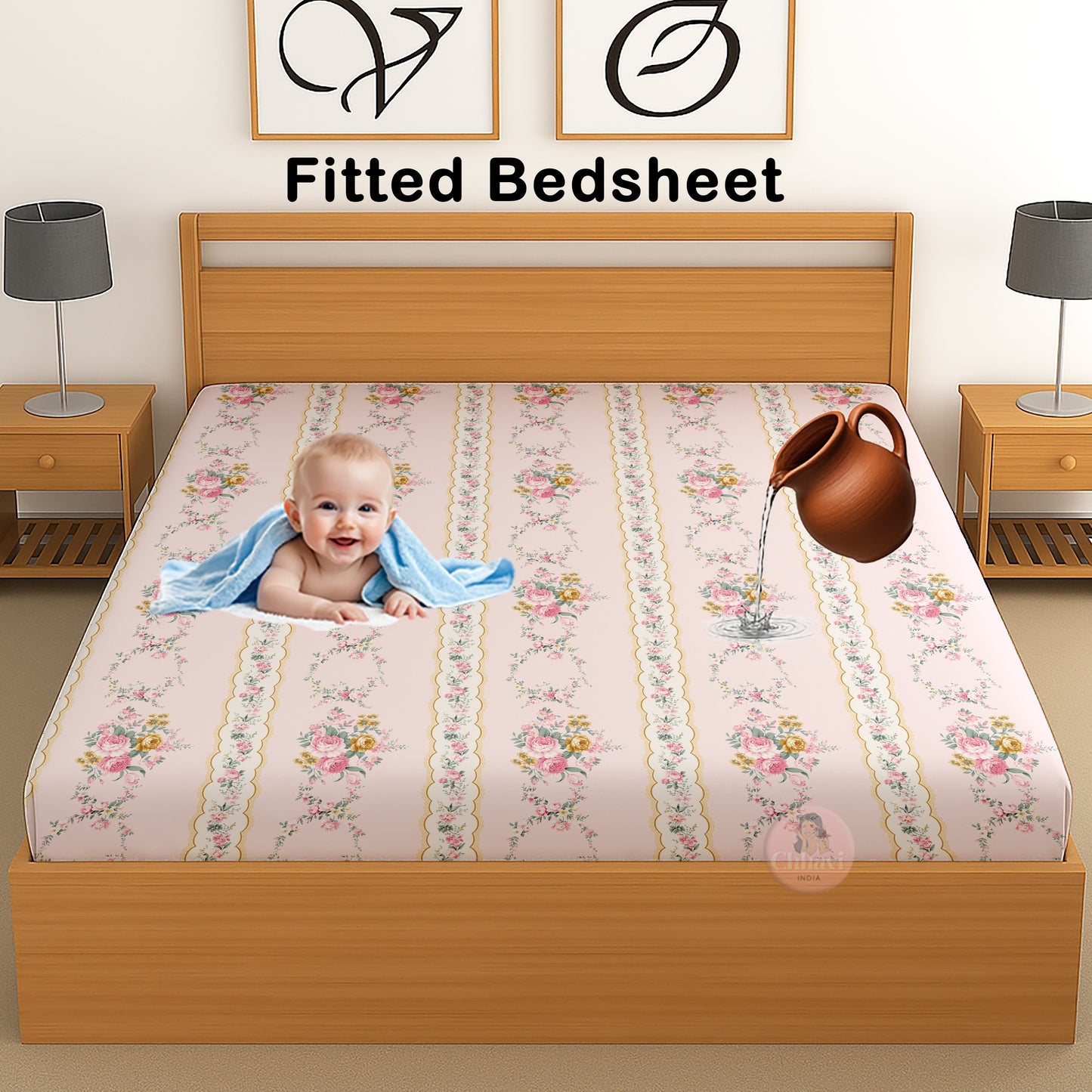 CHHAVI INDIA 210 TC Microfiber Waterproof Printed Fitted (Elastic) Bedsheet