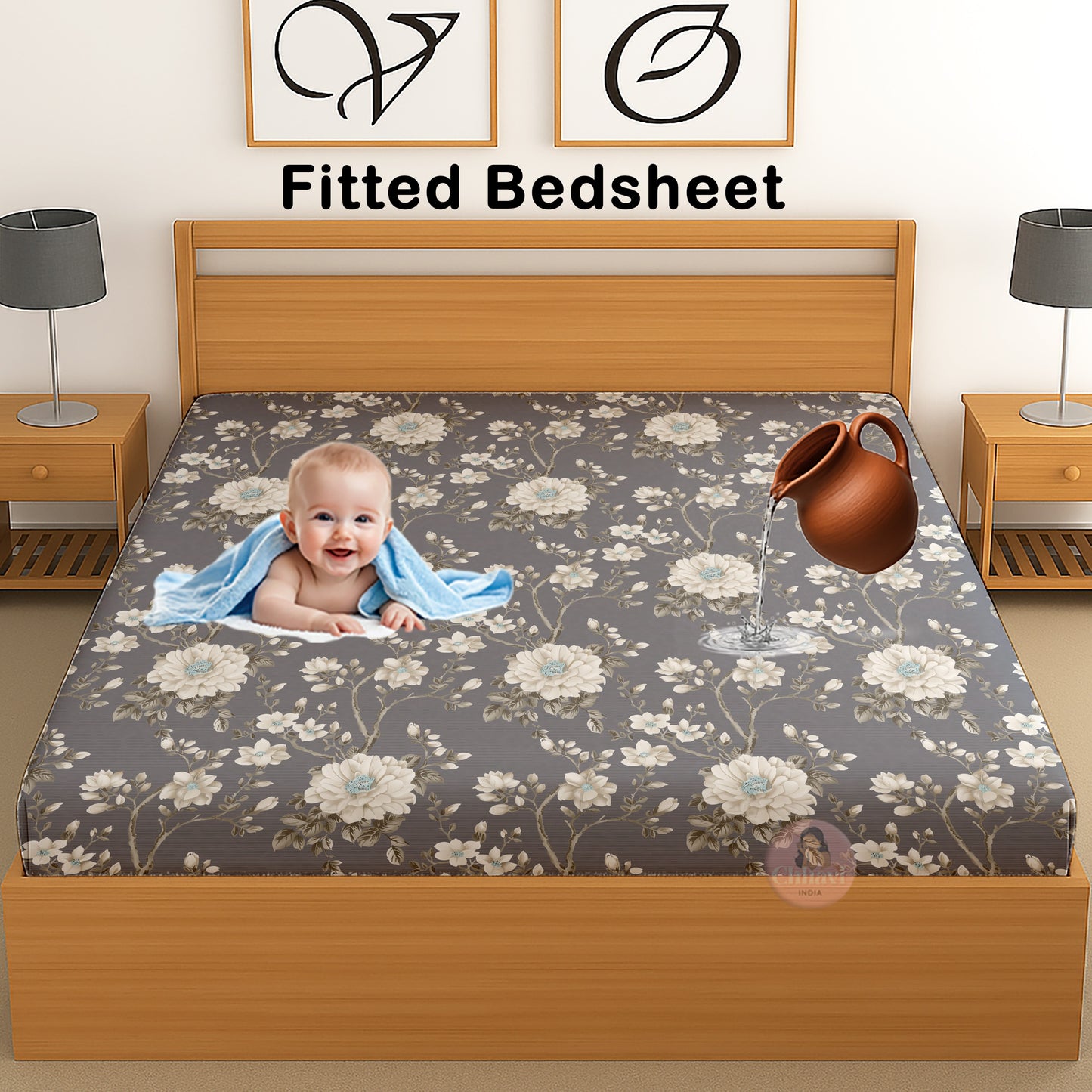CHHAVI INDIA 210 TC Microfiber Waterproof Printed Fitted (Elastic) Bedsheet