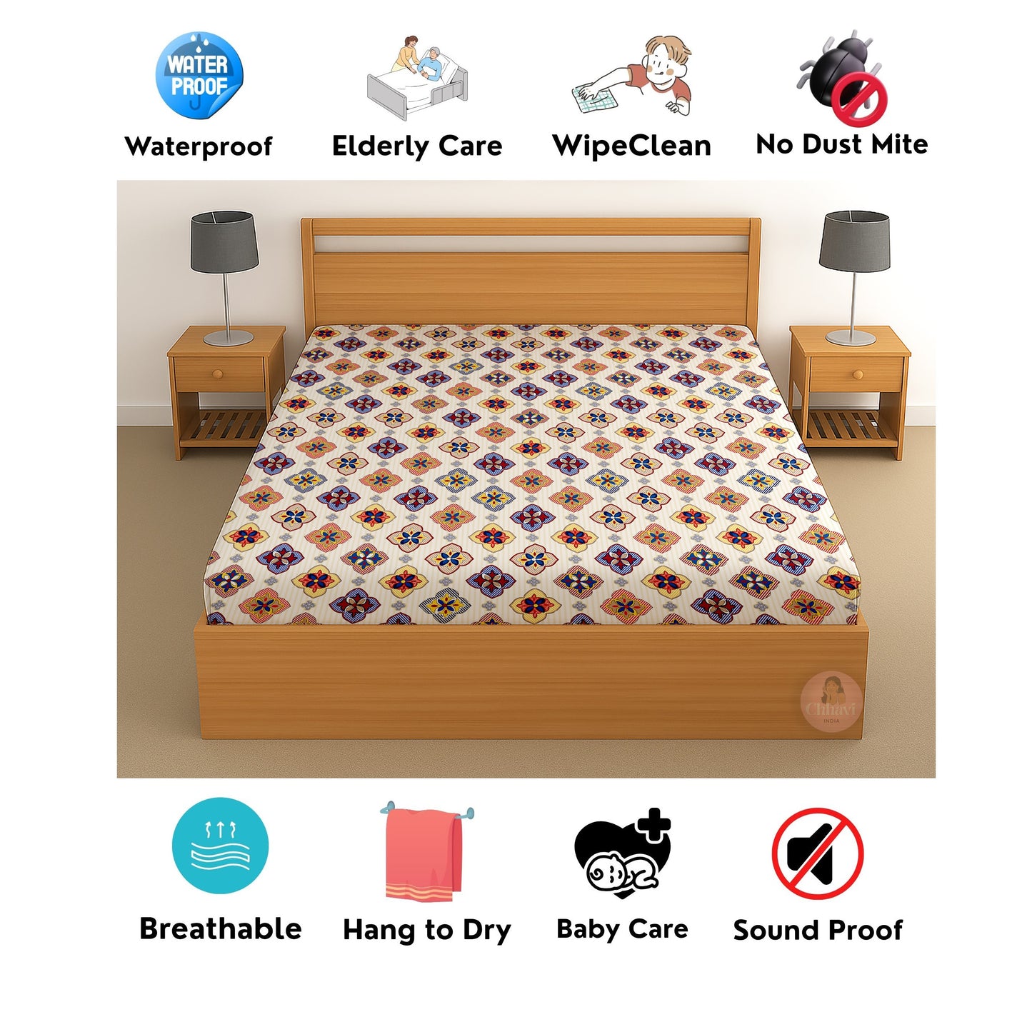 CHHAVI INDIA 210 TC Microfiber Waterproof Printed Fitted (Elastic) Bedsheet