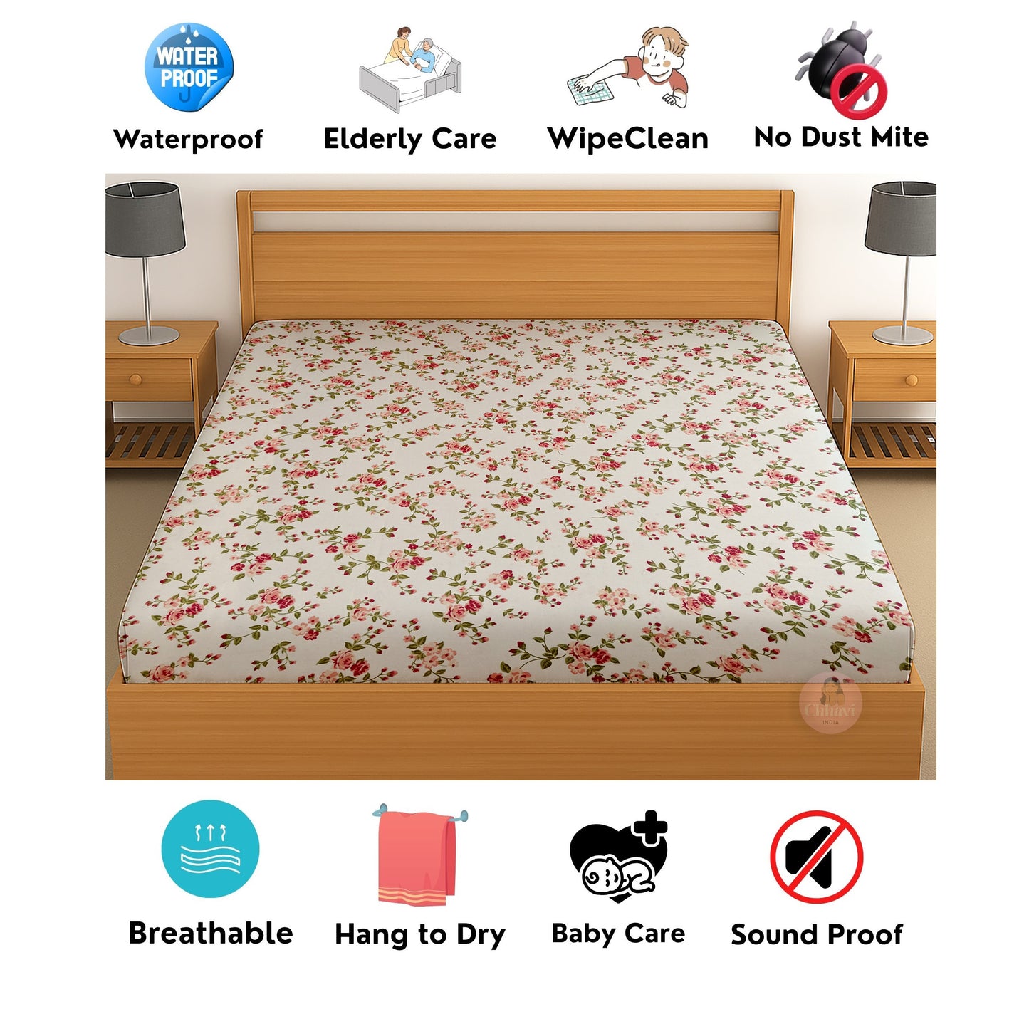 CHHAVI INDIA 210 TC Microfiber Waterproof Printed Fitted (Elastic) Bedsheet