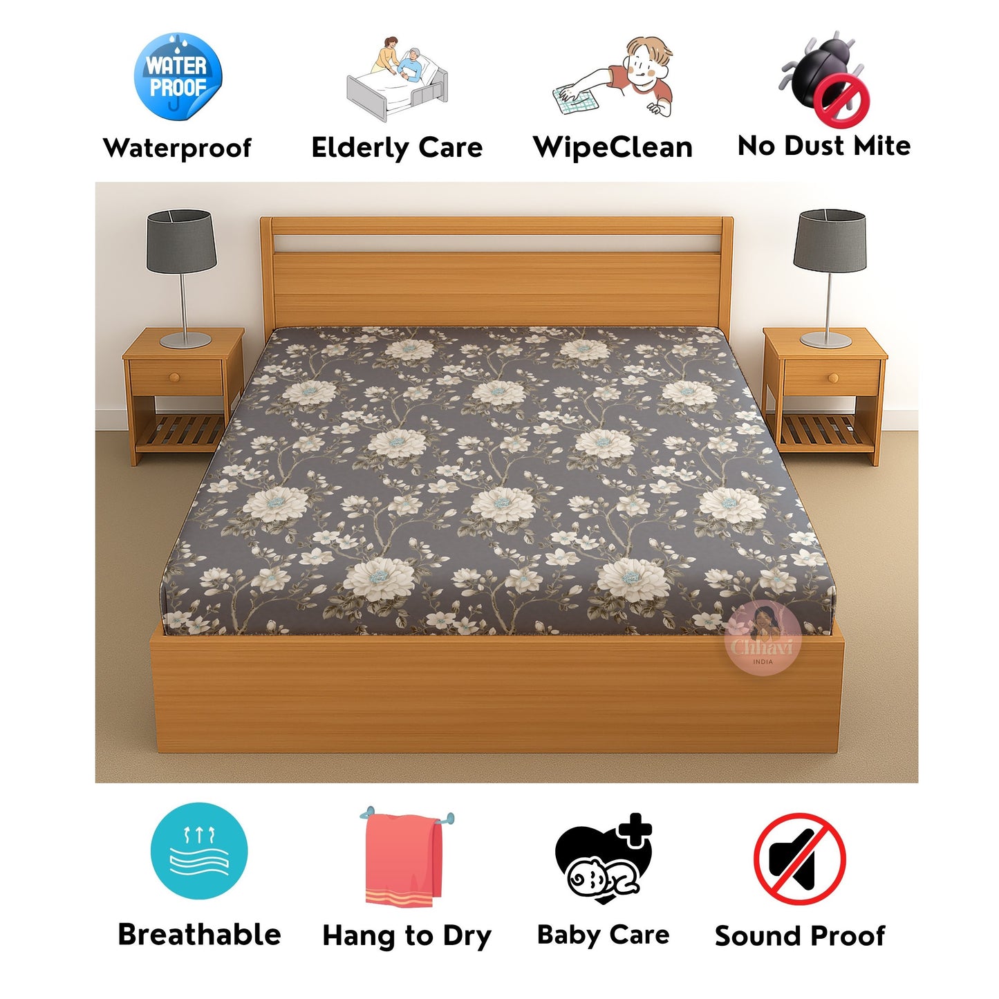 CHHAVI INDIA 210 TC Microfiber Waterproof Printed Fitted (Elastic) Bedsheet