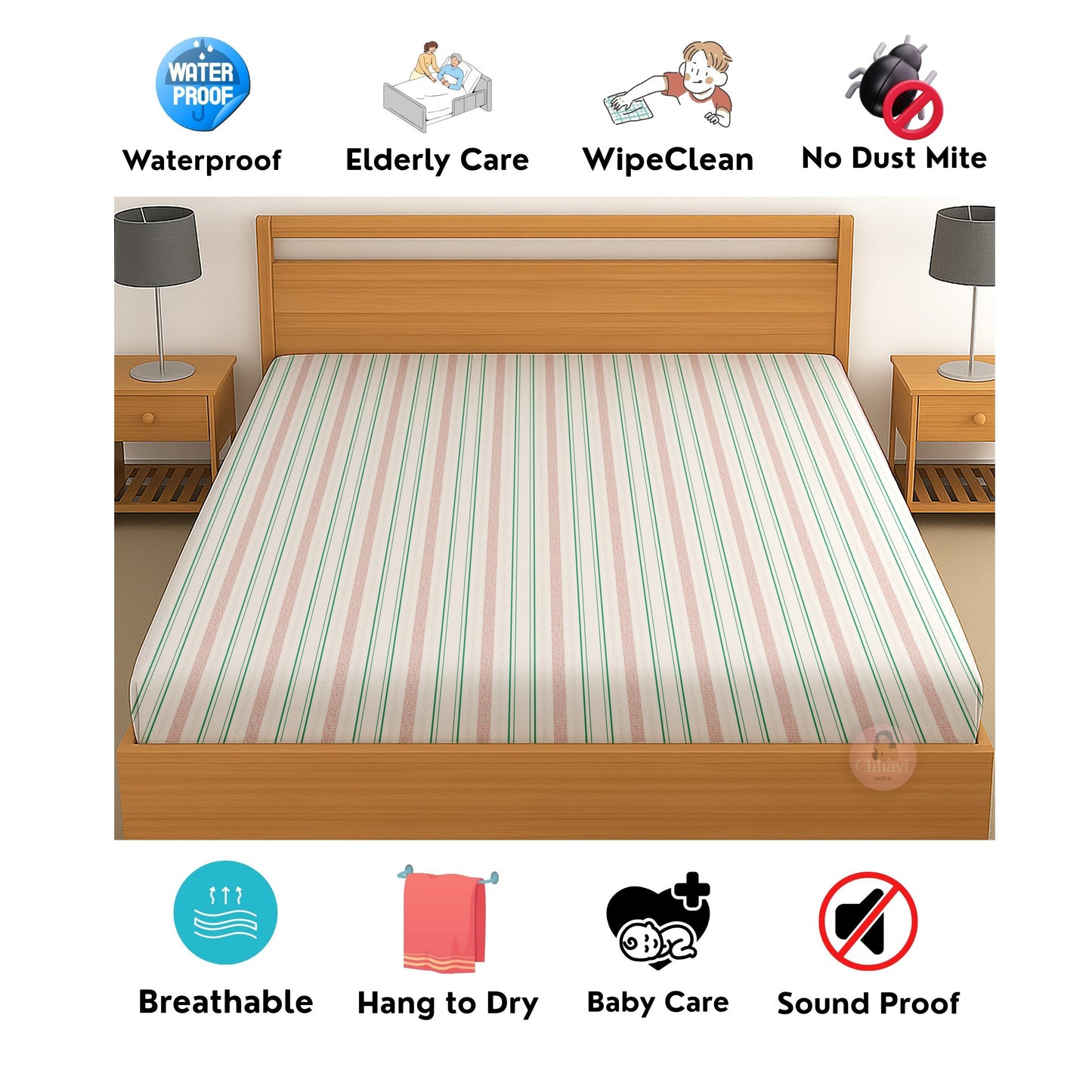 CHHAVI INDIA 210 TC Microfiber Waterproof Printed Fitted (Elastic) Bedsheet