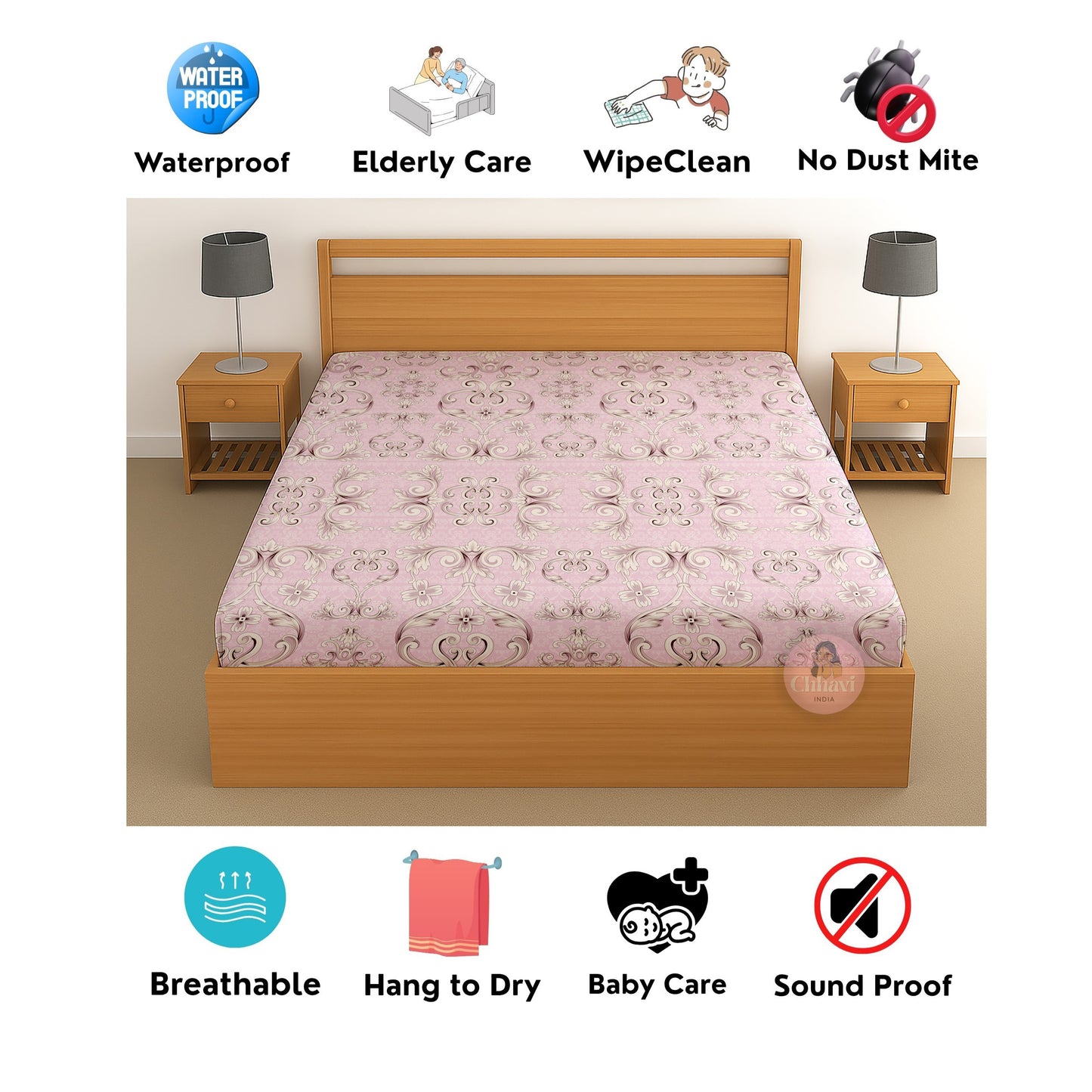 CHHAVI INDIA 210 TC Microfiber Waterproof Printed Fitted (Elastic) Bedsheet
