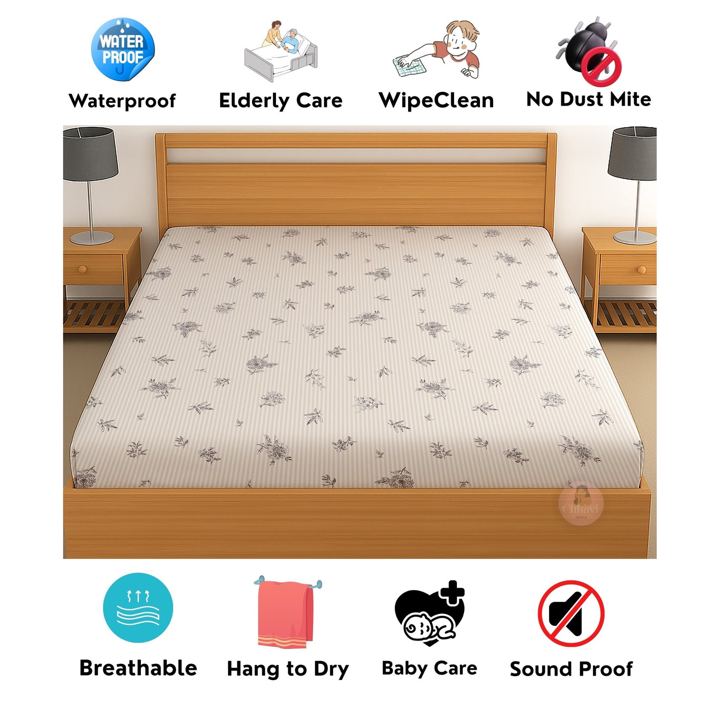 CHHAVI INDIA 210 TC Microfiber Waterproof Printed Fitted (Elastic) Bedsheet