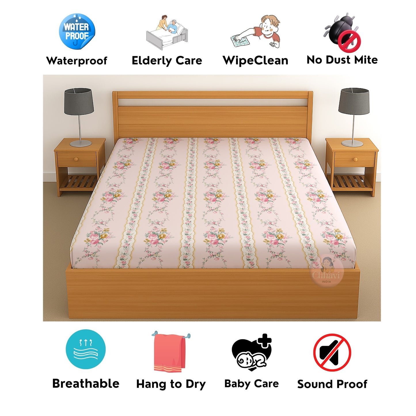 CHHAVI INDIA 210 TC Microfiber Waterproof Printed Fitted (Elastic) Bedsheet