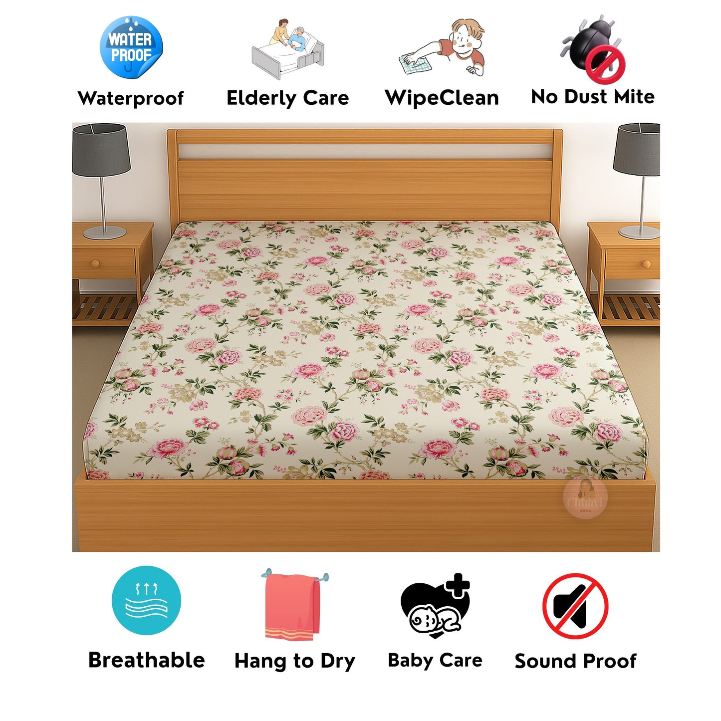CHHAVI INDIA 210 TC Microfiber Waterproof Printed Fitted (Elastic) Bedsheet