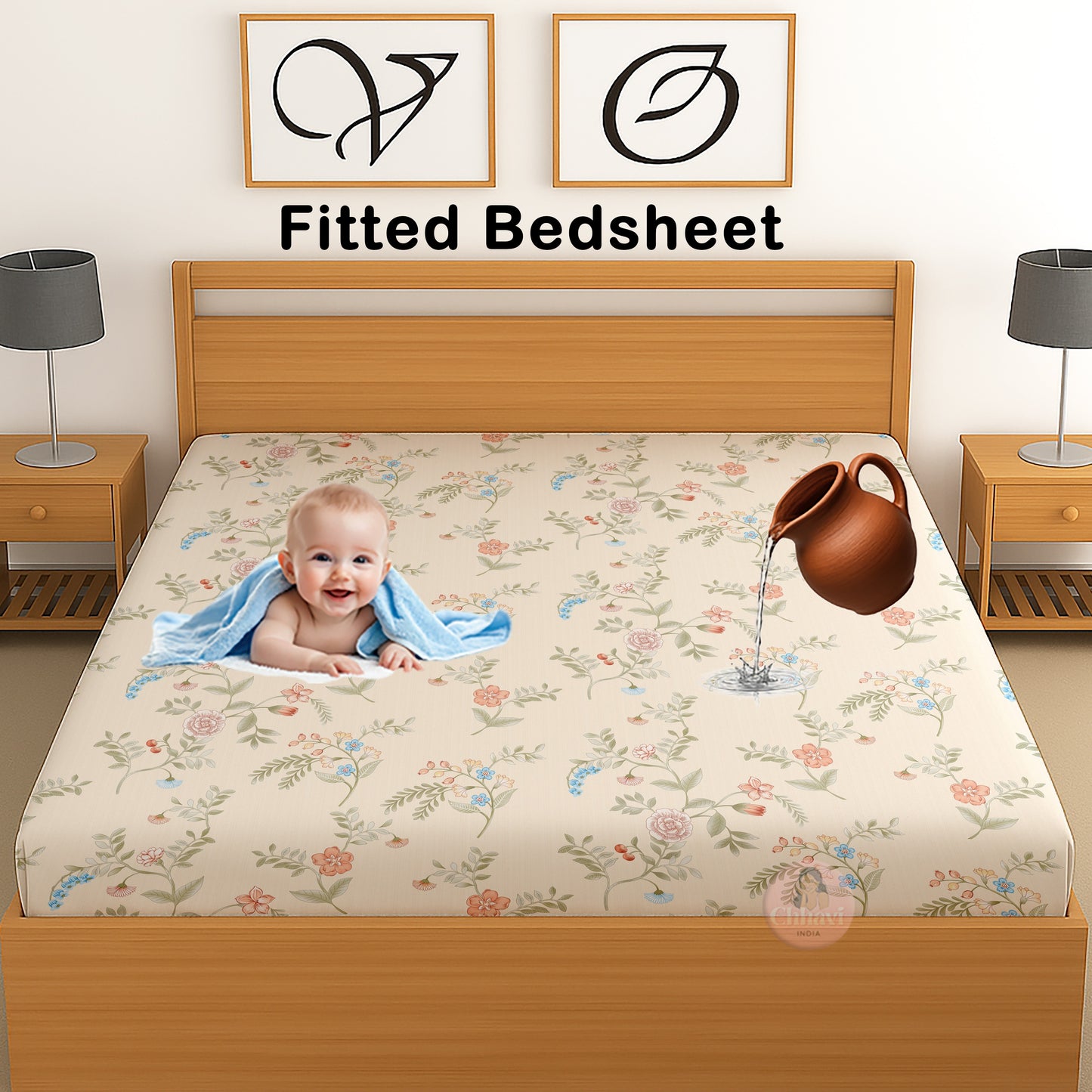 CHHAVI INDIA 210 TC Microfiber Waterproof Printed Fitted (Elastic) Bedsheet