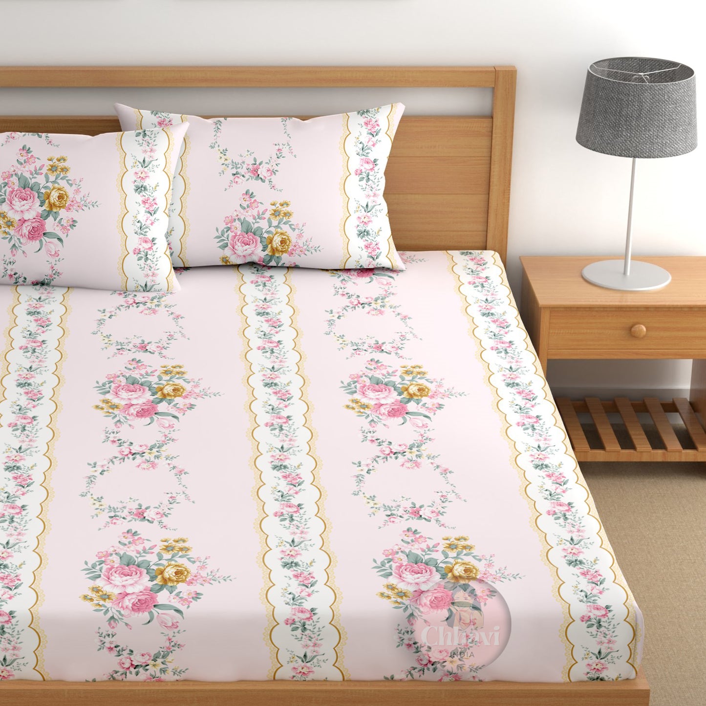 CHHAVI INDIA 210 TC Microfiber Fitted Double Size Printed Bedsheet With 2 Pillow covers