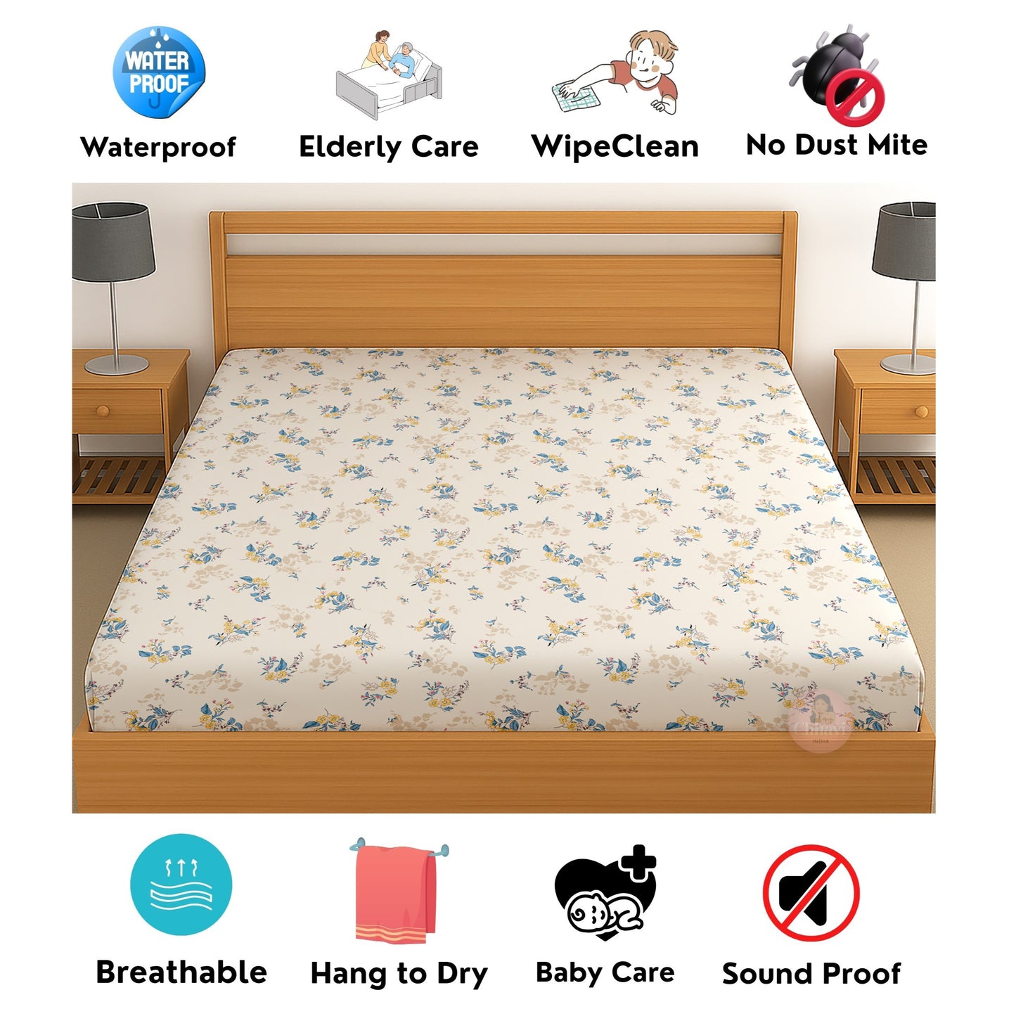 CHHAVI INDIA 210 TC Microfiber Waterproof Printed Fitted (Elastic) Bedsheet