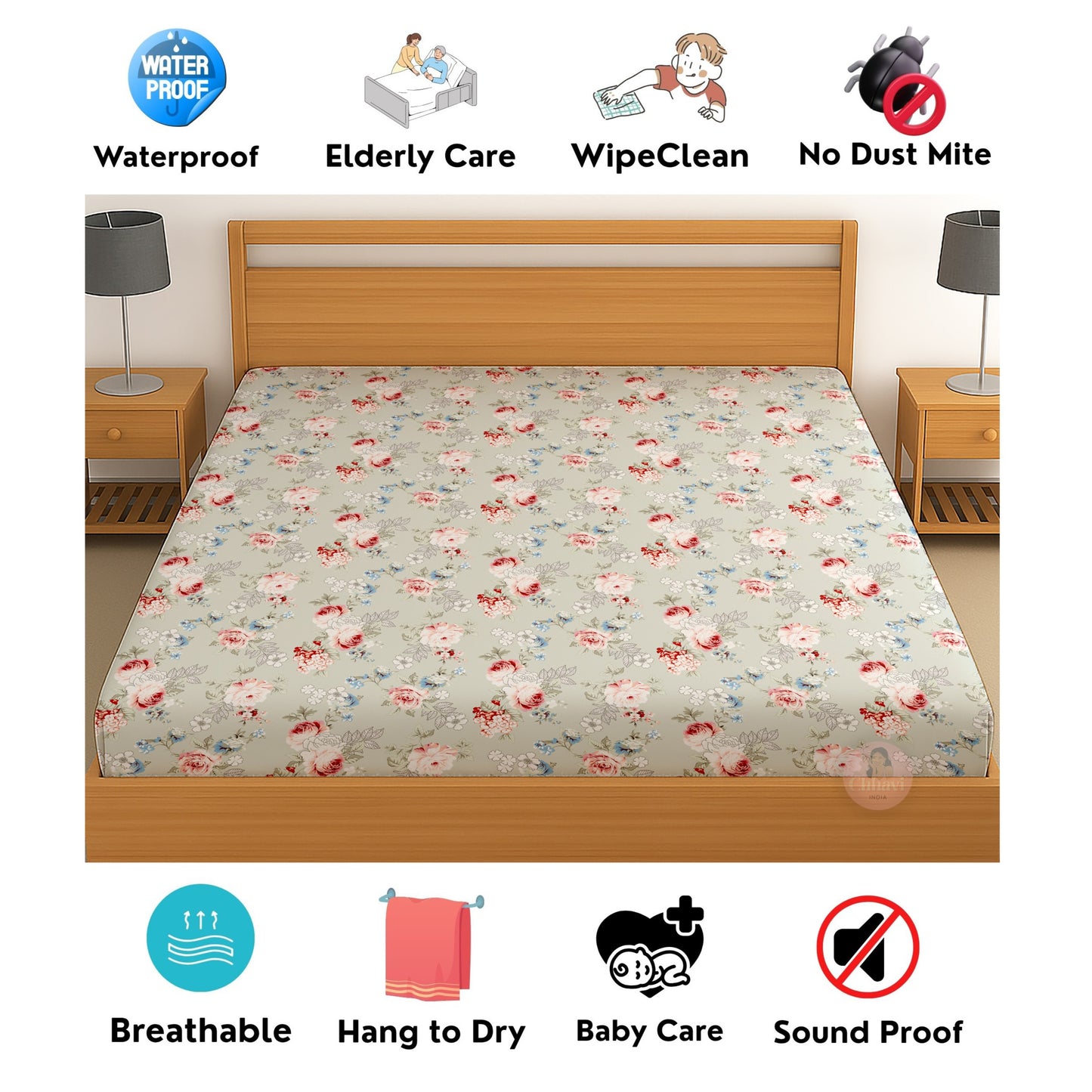 CHHAVI INDIA 210 TC Microfiber Waterproof Printed Fitted (Elastic) Bedsheet
