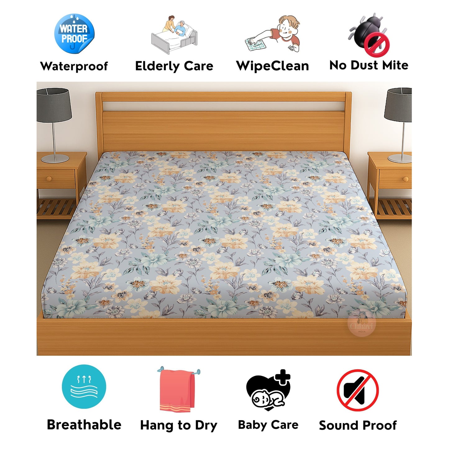 CHHAVI INDIA 210 TC Microfiber Waterproof Printed Fitted (Elastic) Bedsheet