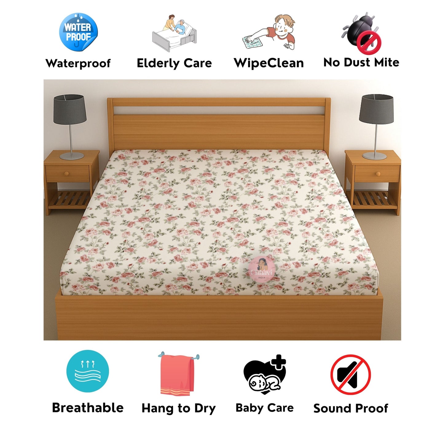 CHHAVI INDIA 210 TC Microfiber Waterproof Printed Fitted (Elastic) Bedsheet