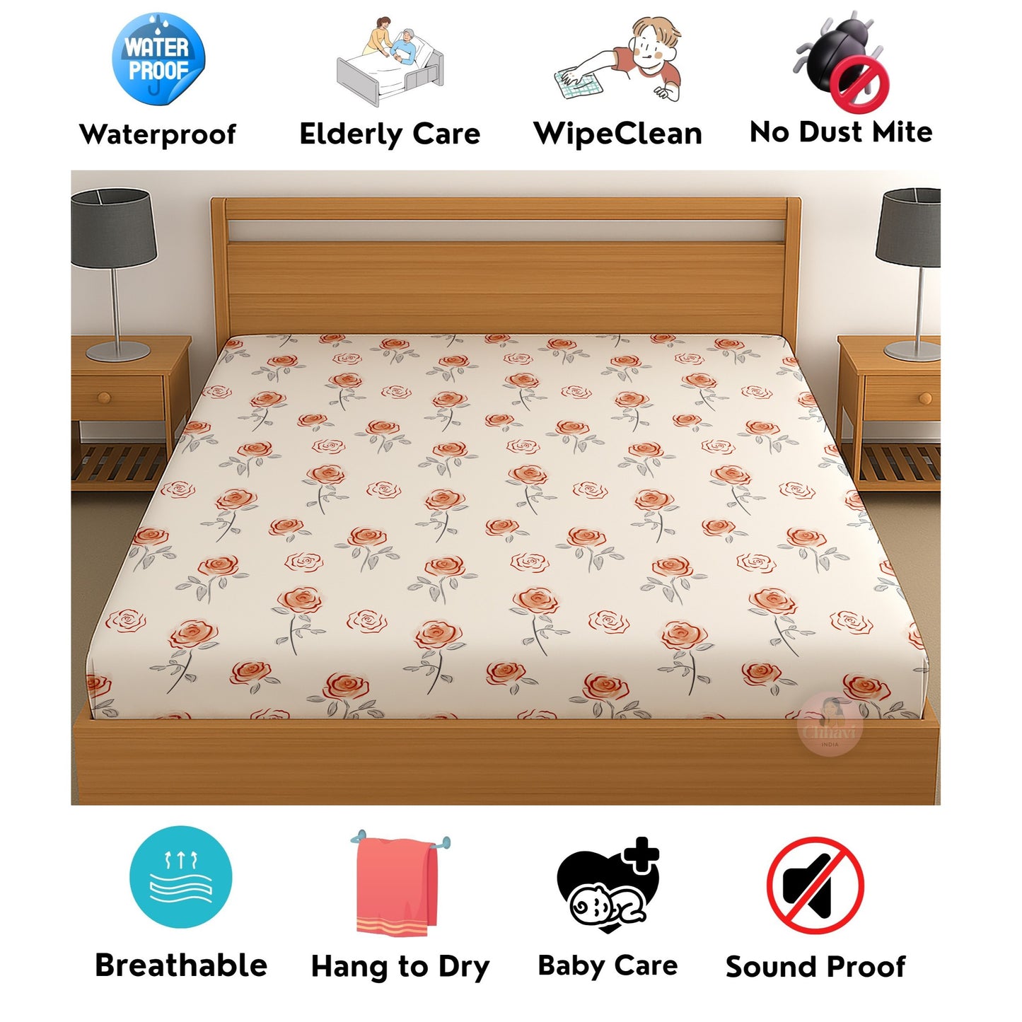 CHHAVI INDIA 210 TC Microfiber Waterproof Printed Fitted (Elastic) Bedsheet