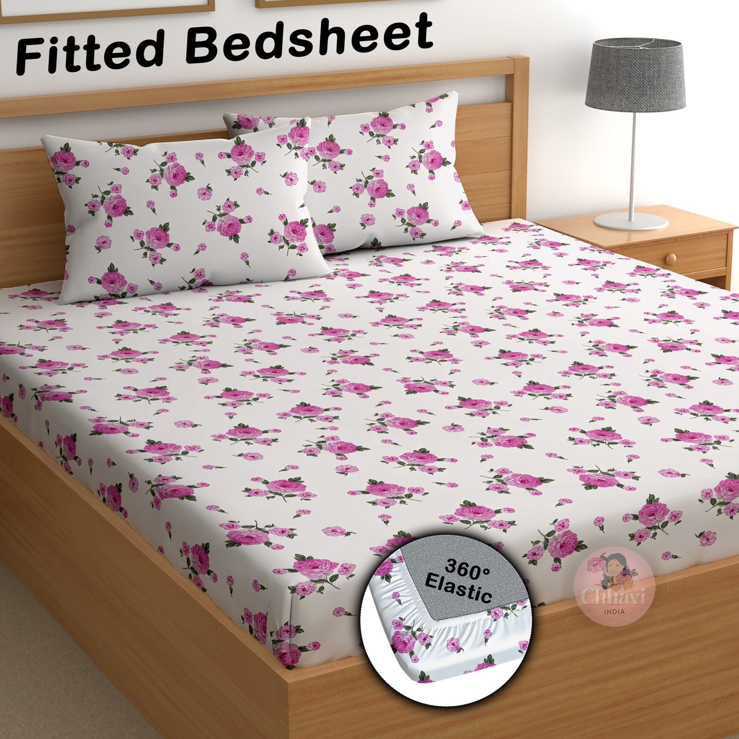 CHHAVI INDIA 210 TC Microfiber Double Fitted  Size Printed Bedsheet with pillow covers