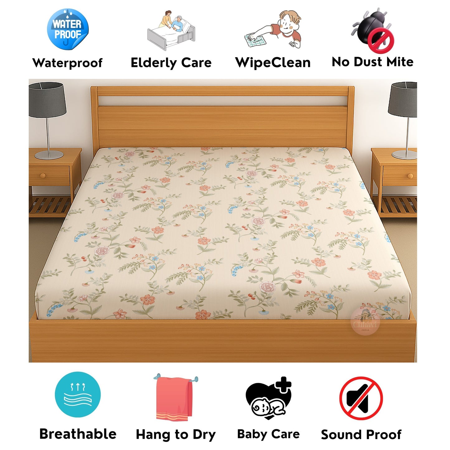 CHHAVI INDIA 210 TC Microfiber Waterproof Printed Fitted (Elastic) Bedsheet