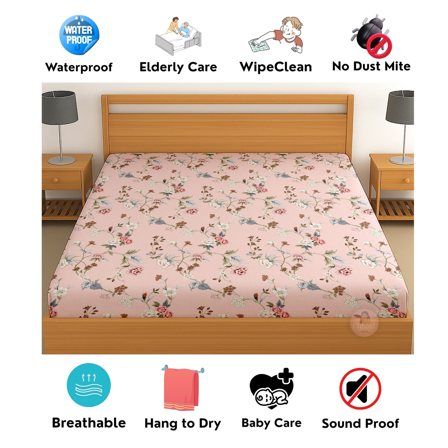 CHHAVI INDIA 210 TC Microfiber Waterproof Printed Fitted (Elastic) Bedsheet