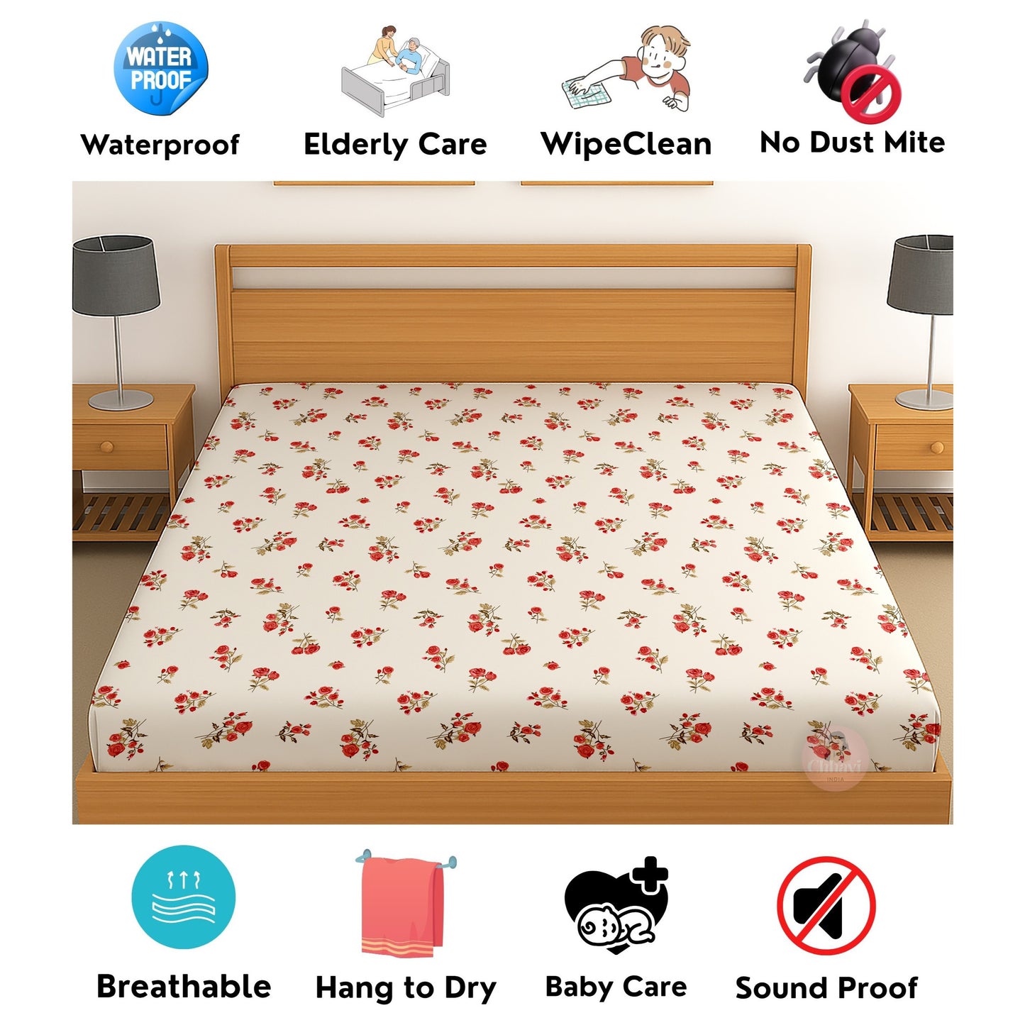 CHHAVI INDIA 210 TC Microfiber Waterproof Printed Fitted (Elastic) Bedsheet