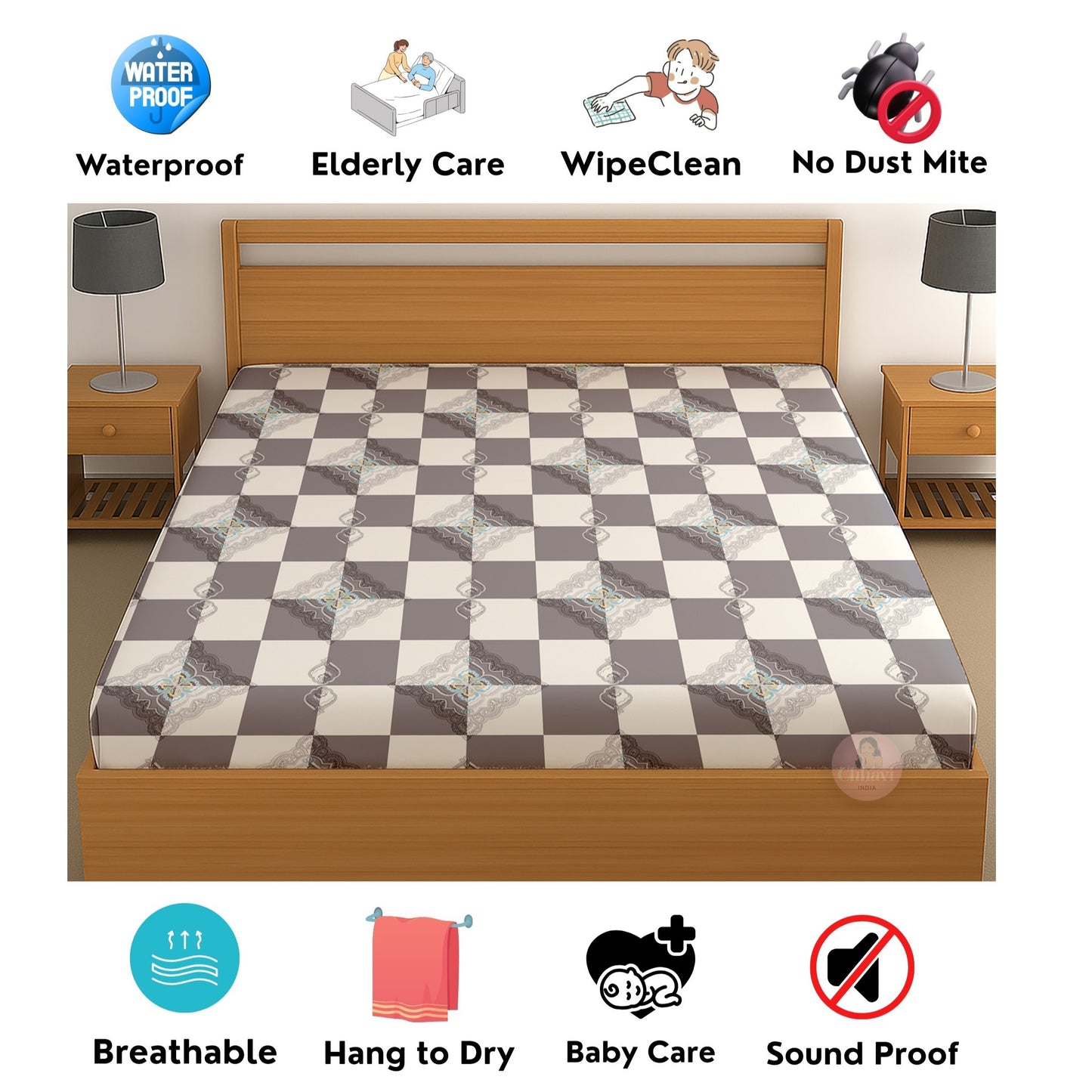 CHHAVI INDIA 210 TC Microfiber Waterproof Printed Fitted (Elastic) Bedsheet