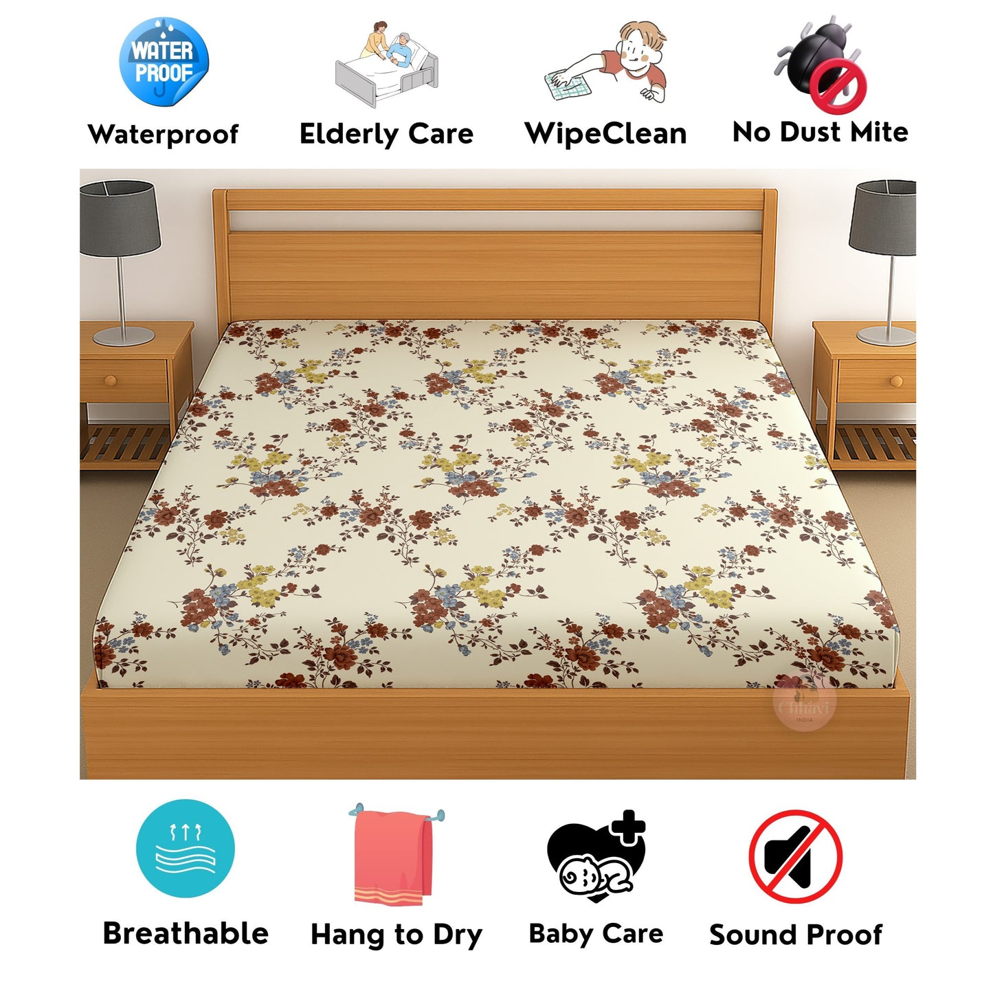 CHHAVI INDIA 210 TC Microfiber Waterproof Printed Fitted (Elastic) Bedsheet